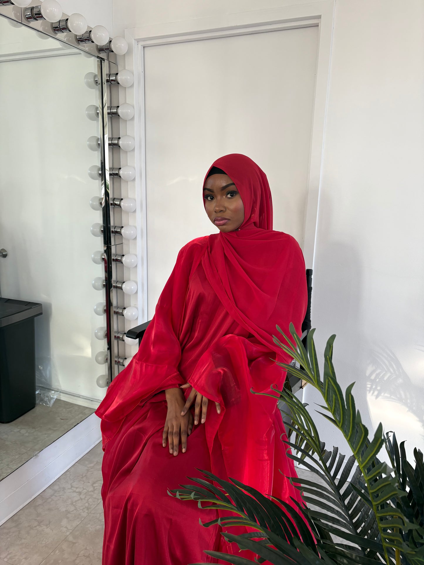 Deep Red Four Piece Satin Abaya With Scarf