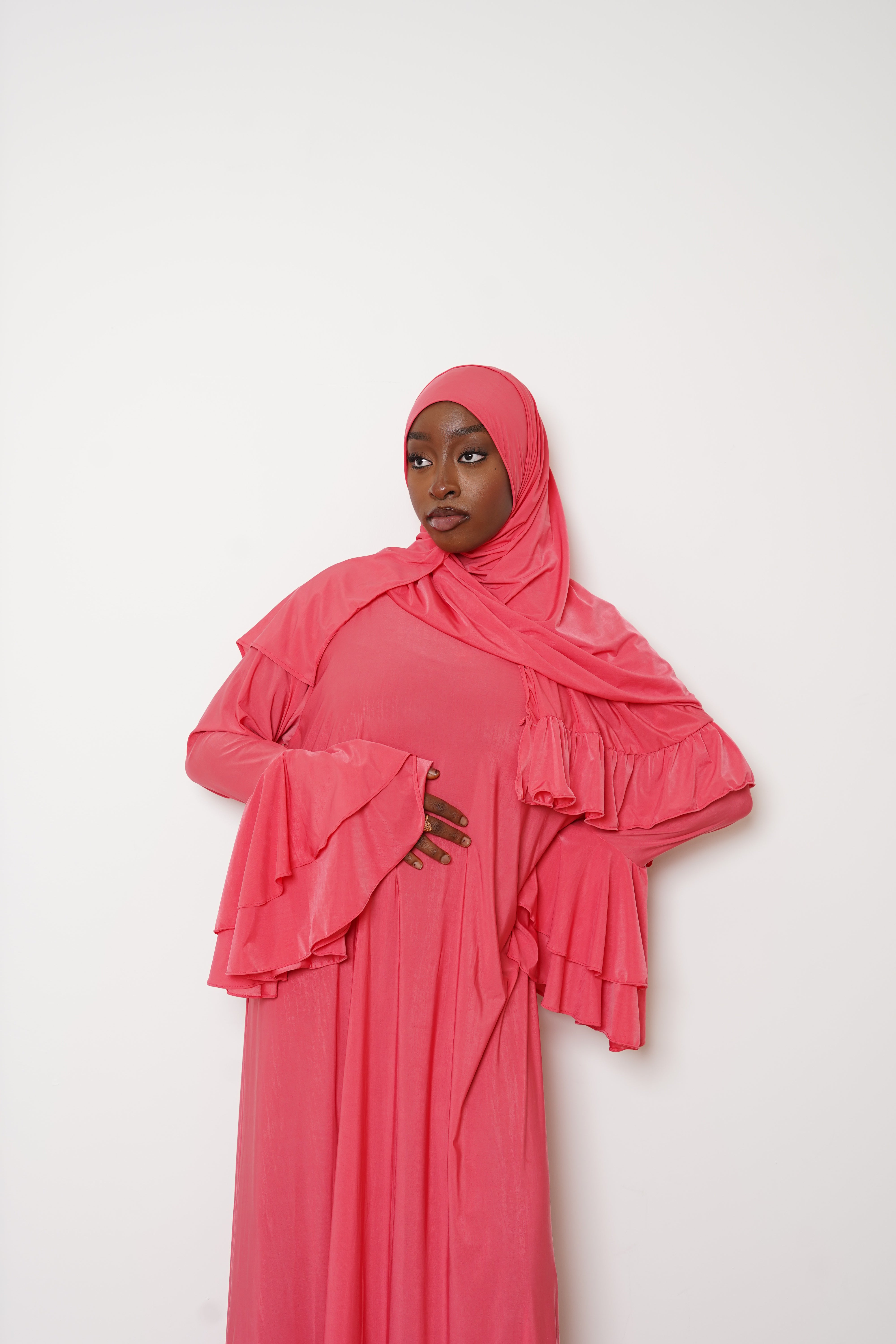 Coral Double Ruffle Abaya Hijab Set