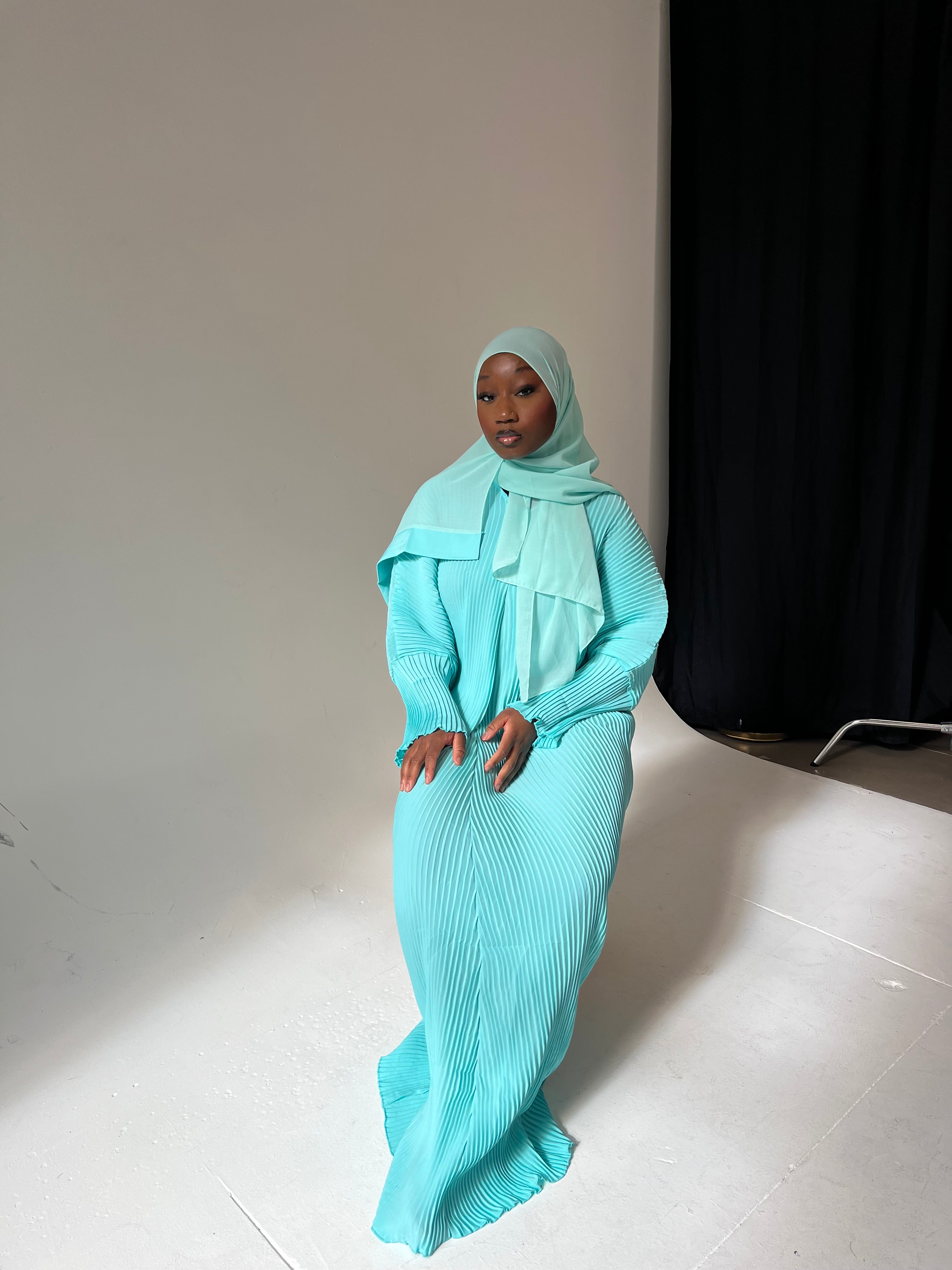 Mint Pleated Abaya Hijab Set