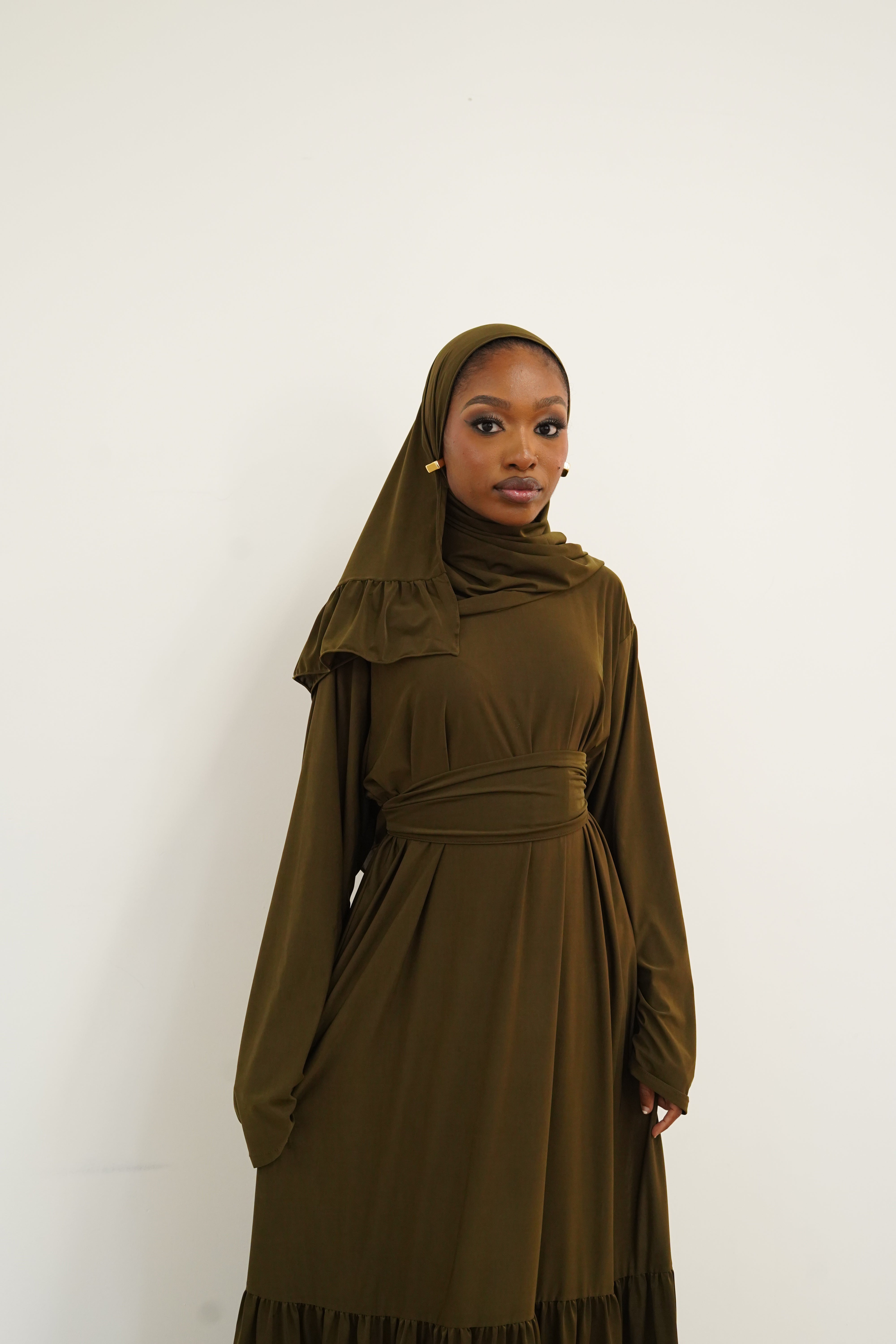 Army Green Thick Belt Abaya Hijab Set