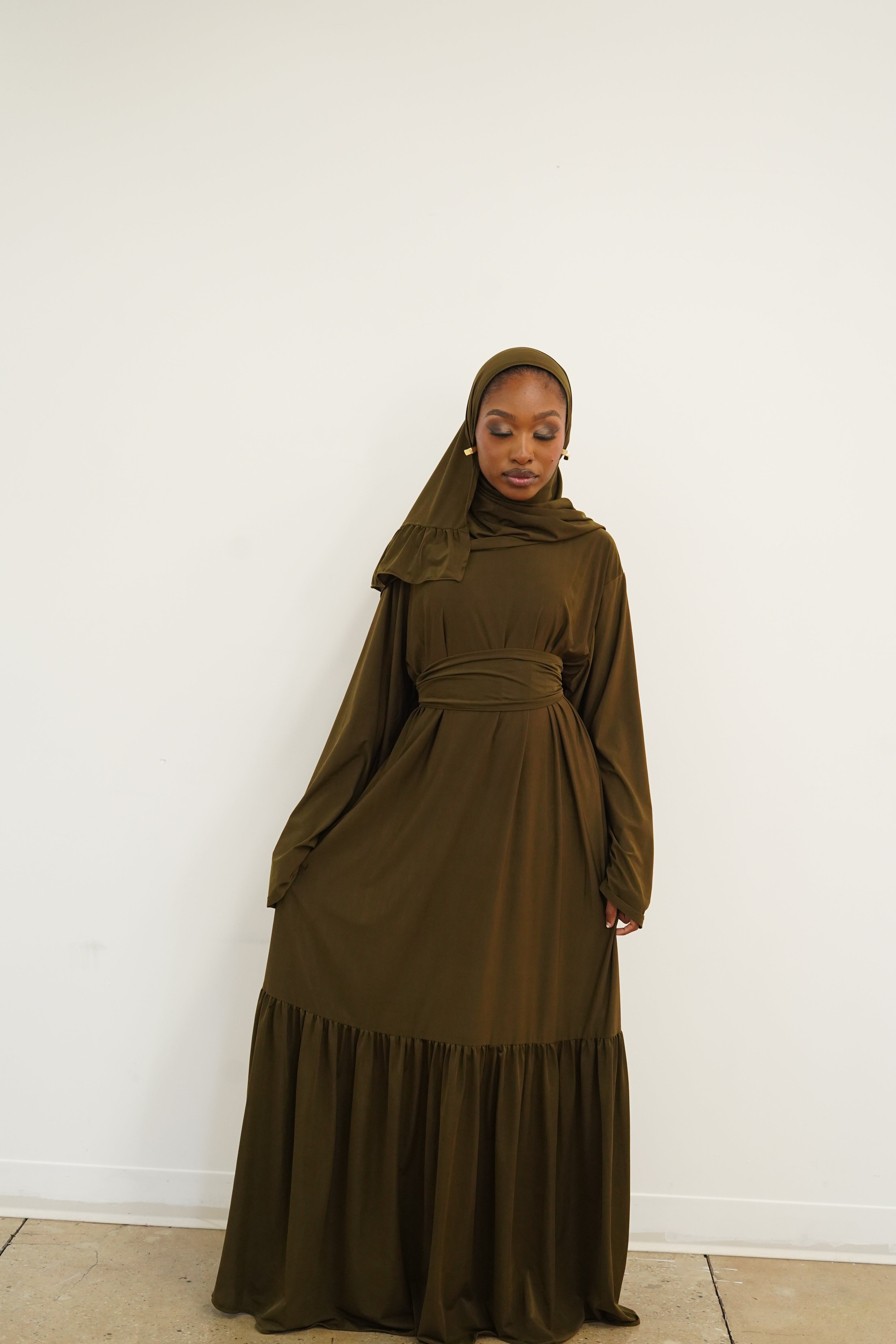 Army Green Thick Belt Abaya Hijab Set