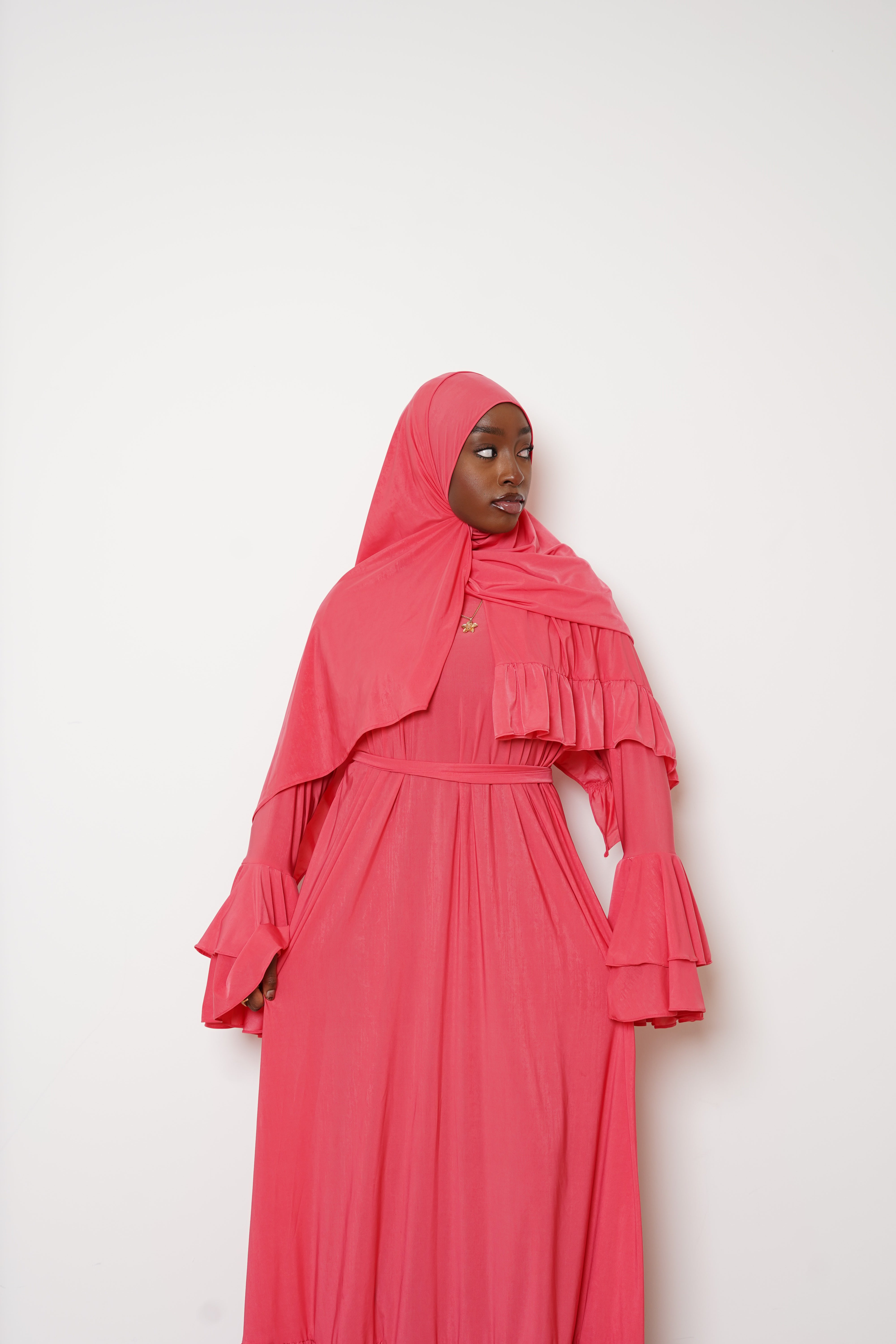 Coral Double Ruffle Abaya Hijab Set