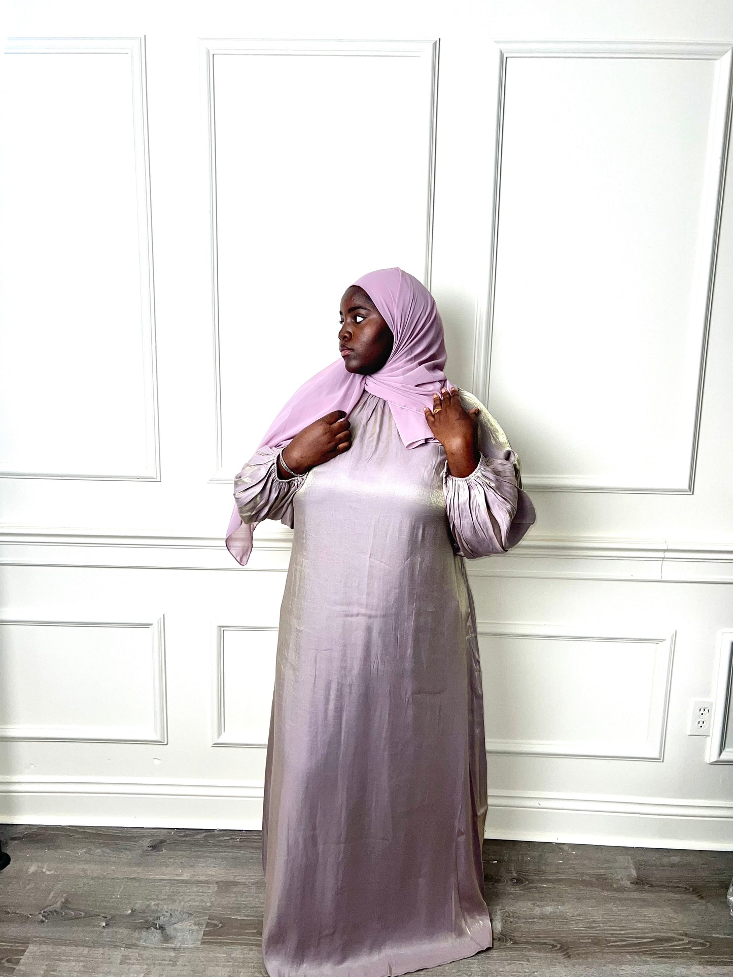 Blush shimmer puff sleeve dress