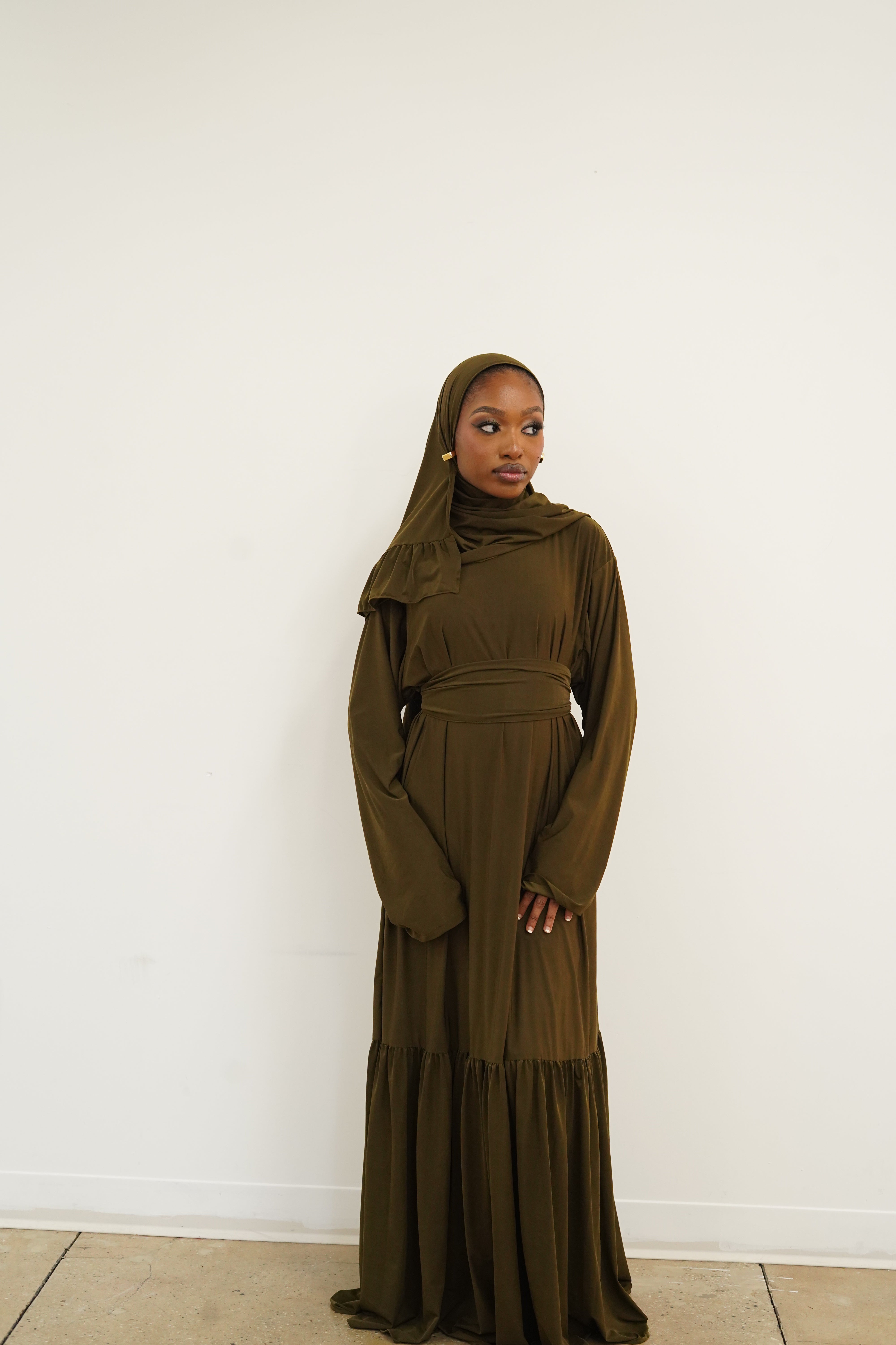 Army Green Thick Belt Abaya Hijab Set