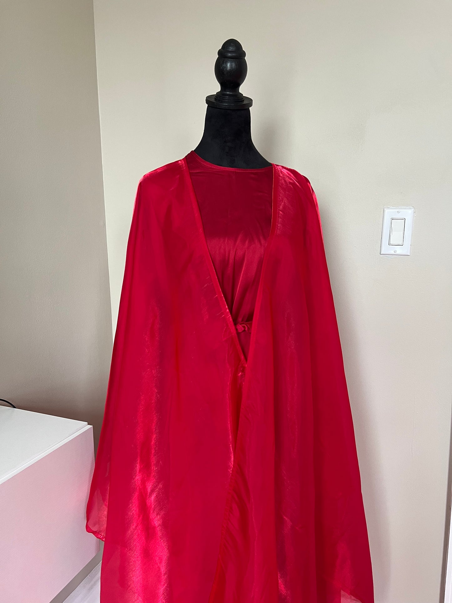Deep Red Four Piece Satin Abaya With Scarf