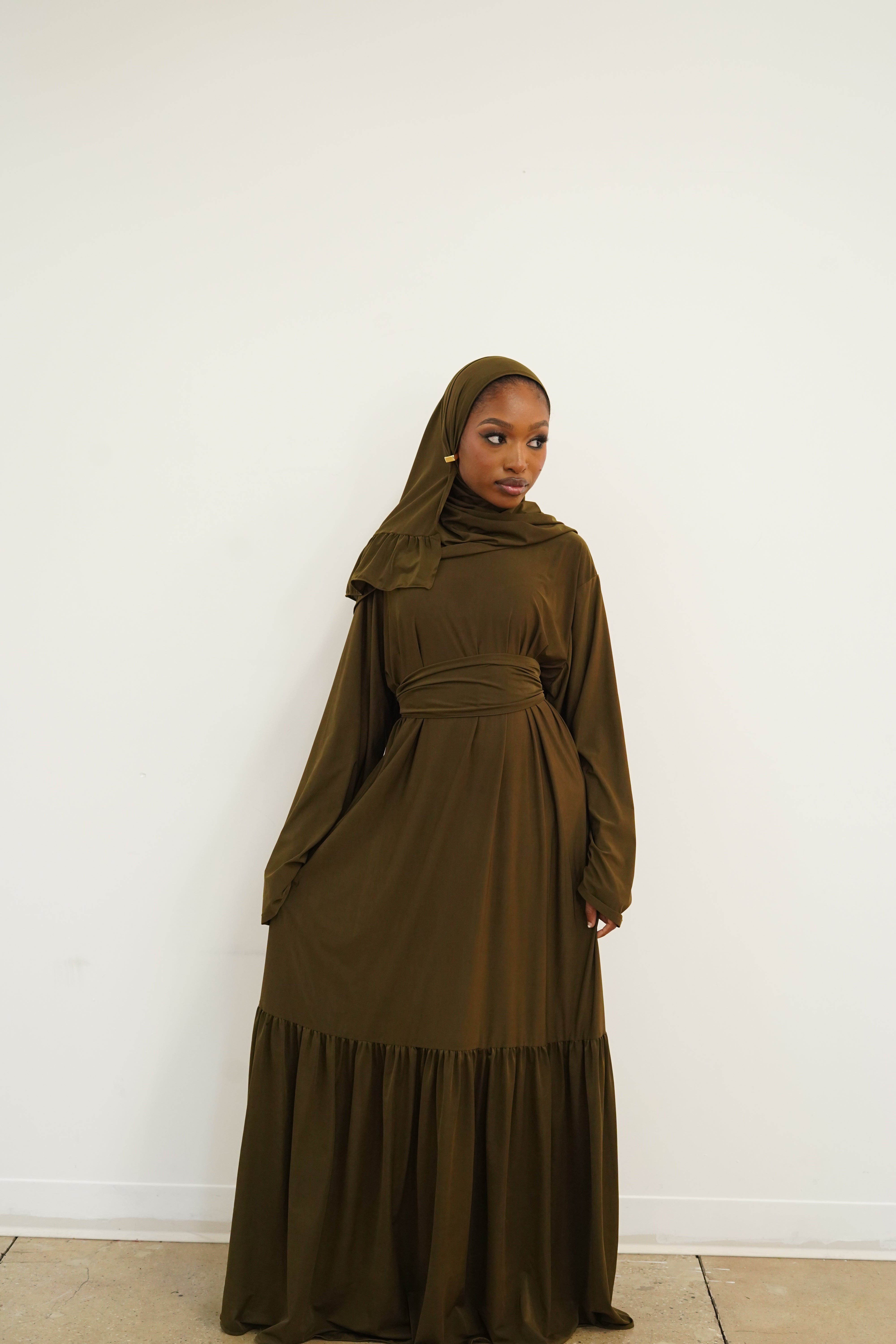 Army Green Thick Belt Abaya Hijab Set