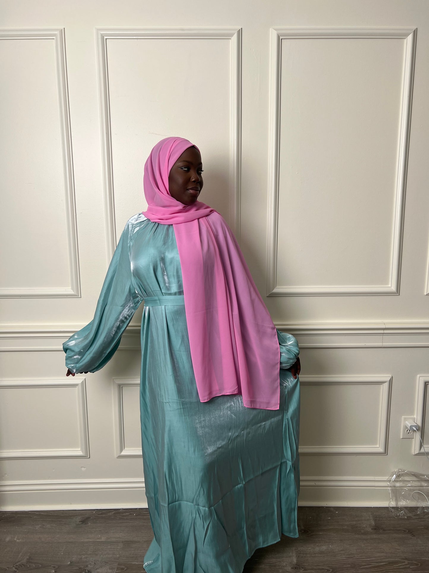 Aqua shimmer puff sleeve dress