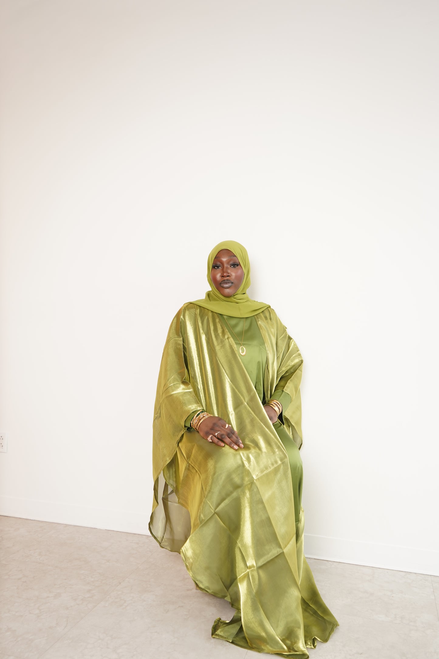 Hunter Green Four Piece Satin Abaya With Scarf