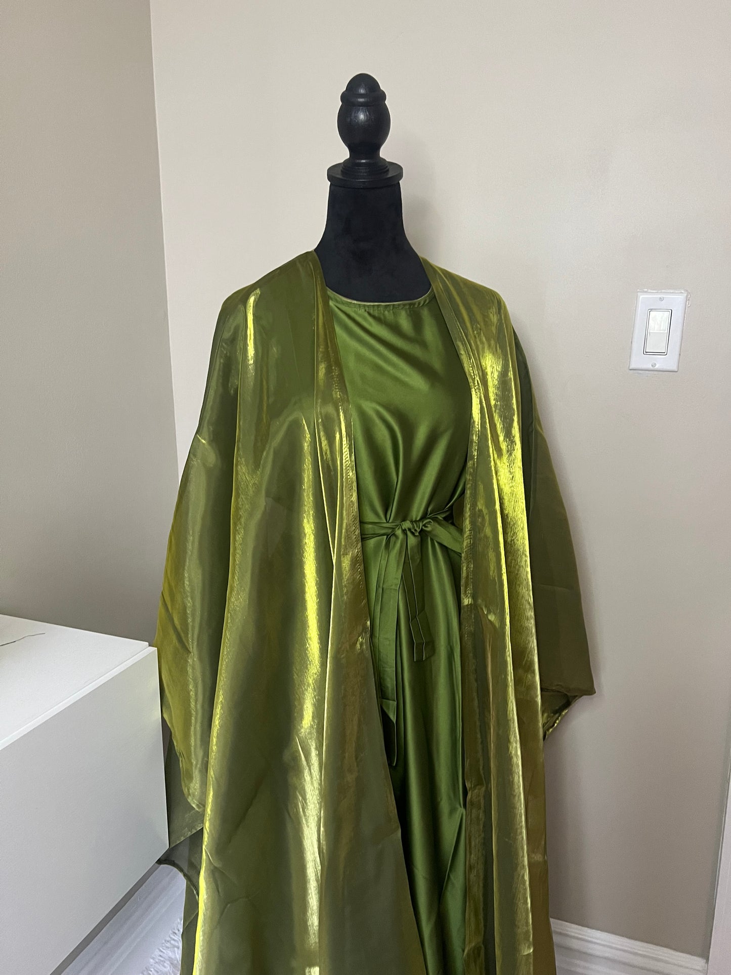 Hunter Green Four Piece Satin Abaya With Scarf