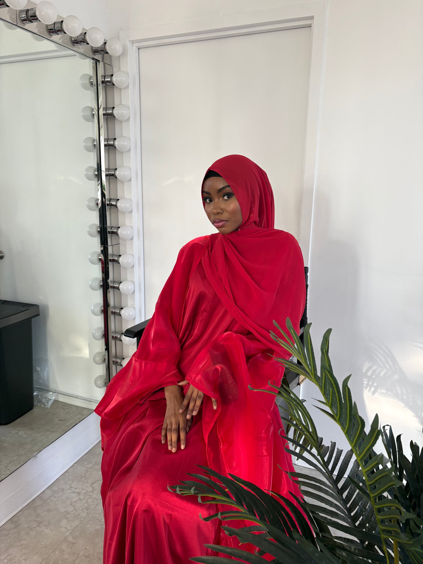 Deep Red Four Piece Satin Abaya With Scarf