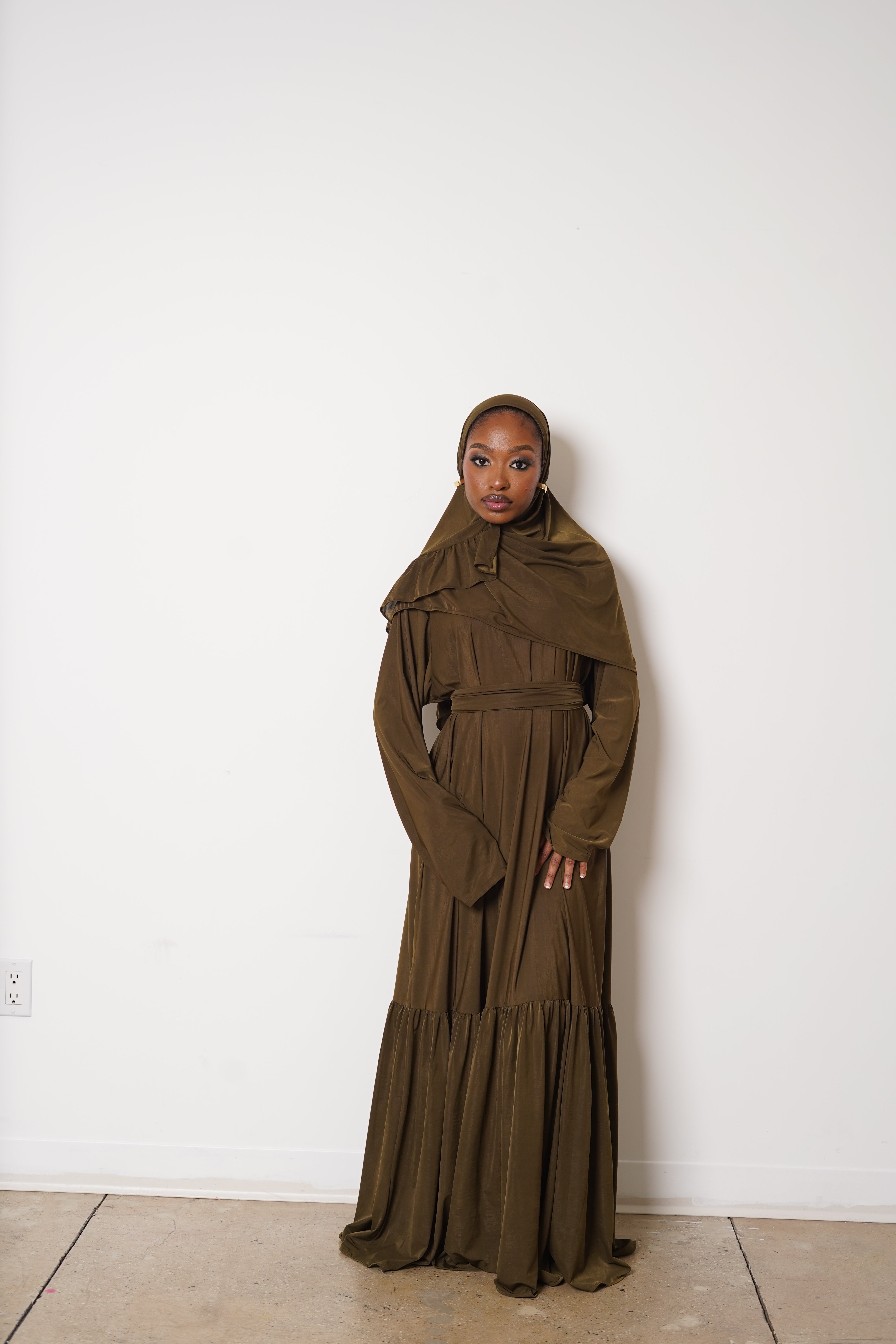 Army Green Thick Belt Abaya Hijab Set