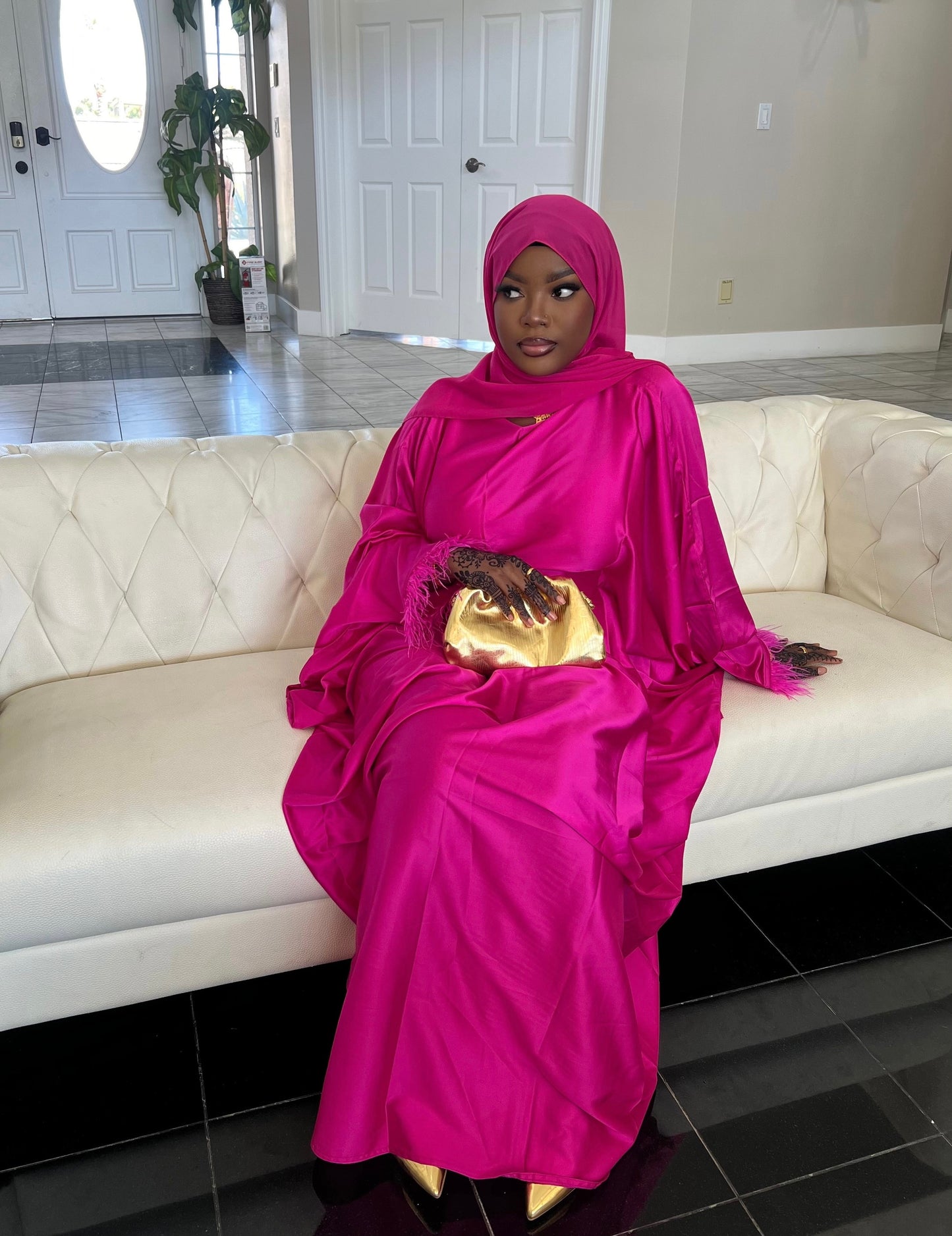 RESERVE** magenta feathered abaya + hijab set