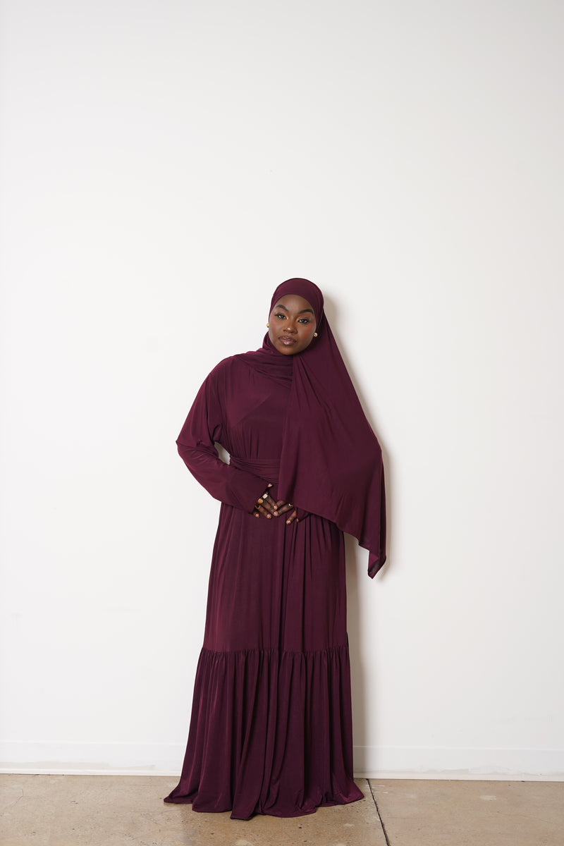 Dark Plum Thick Belt Abaya Hijab Set