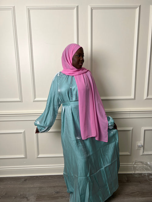 Aqua shimmer puff sleeve dress