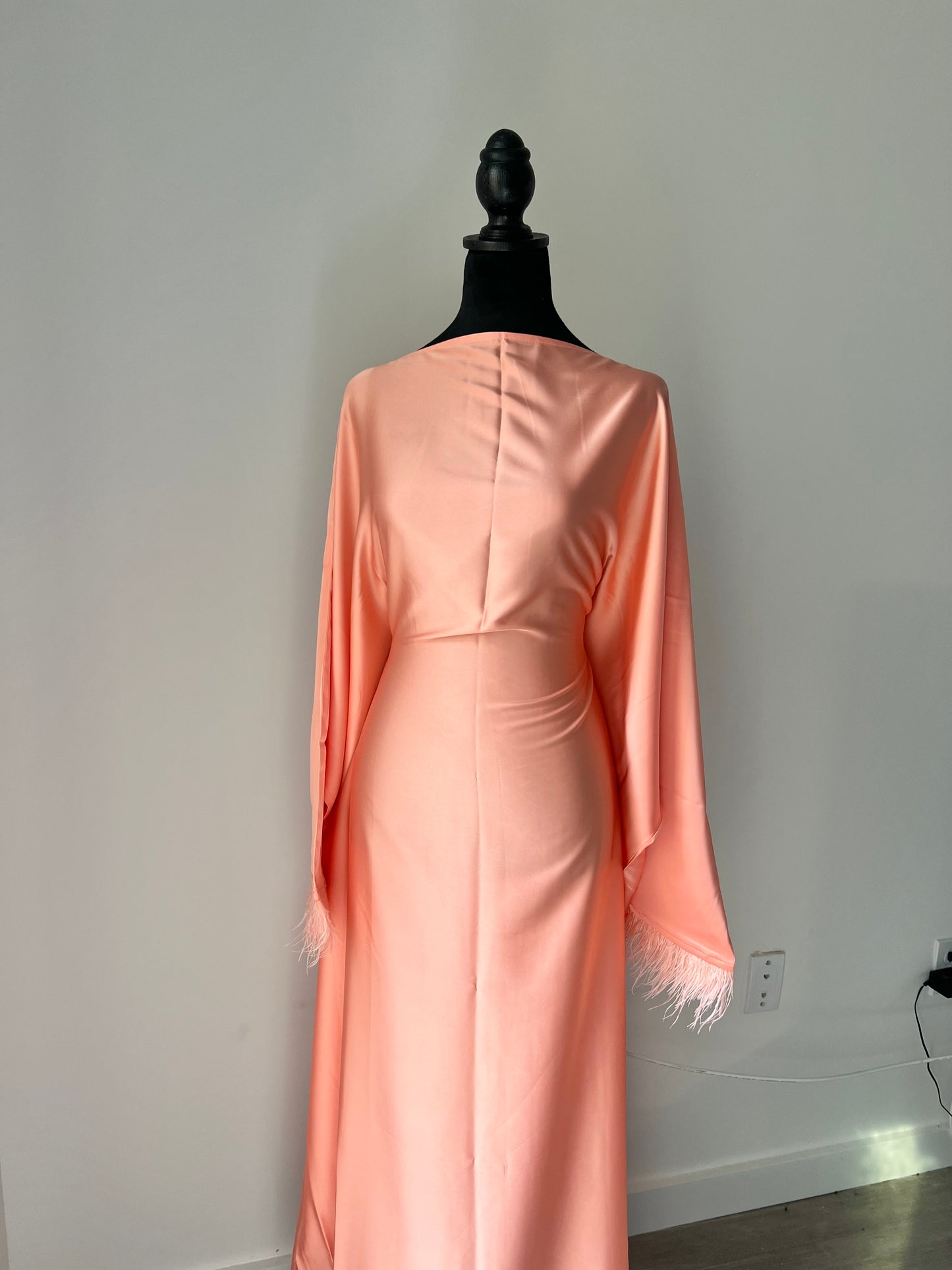 peach feathered abaya set