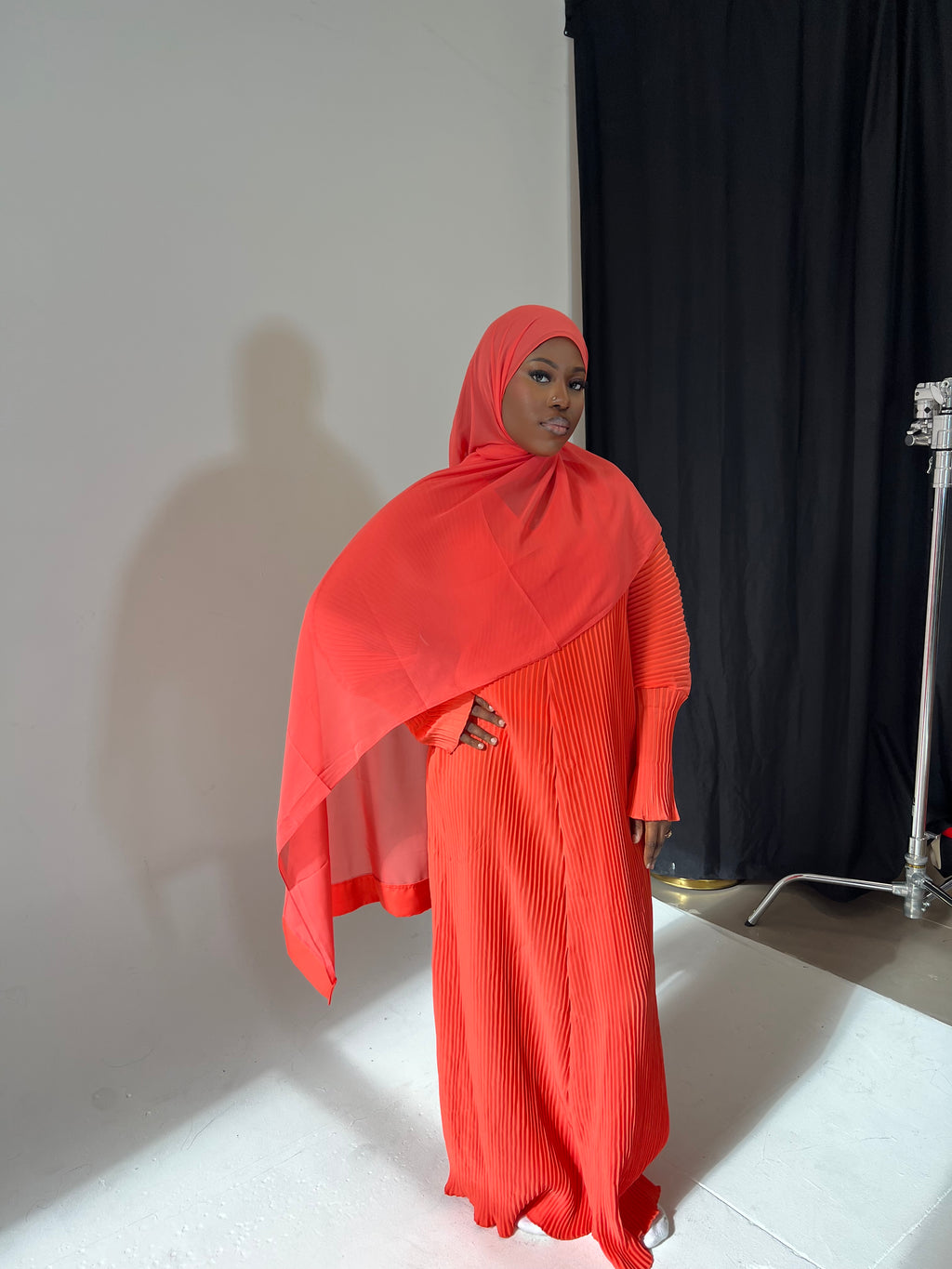 Coral Pleated Abaya Hijab Set