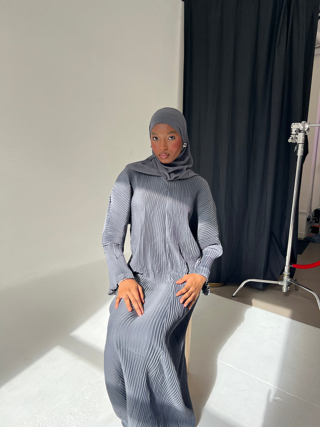 Grey Pleated Abaya Hijab Set