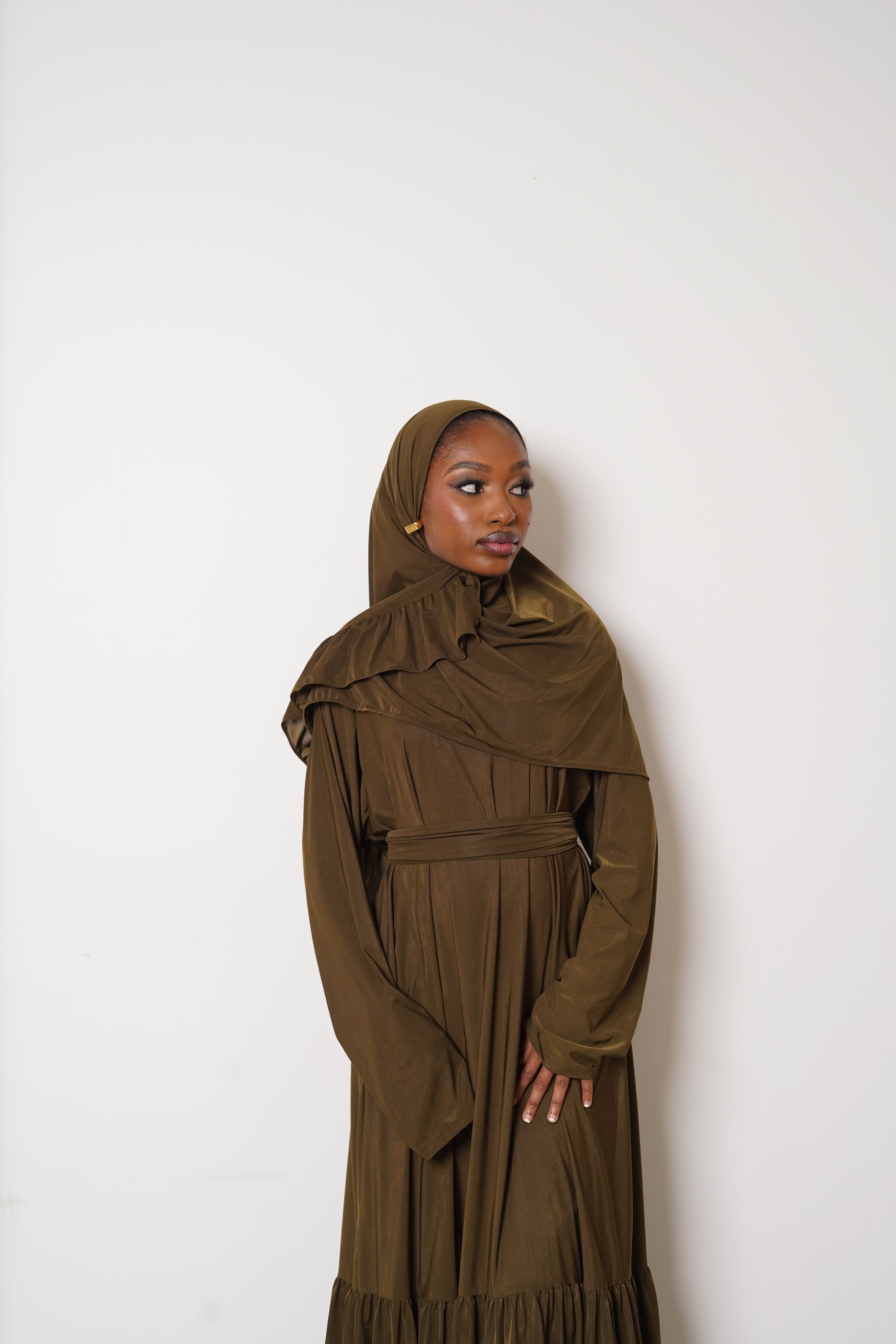 Army Green Thick Belt Abaya Hijab Set