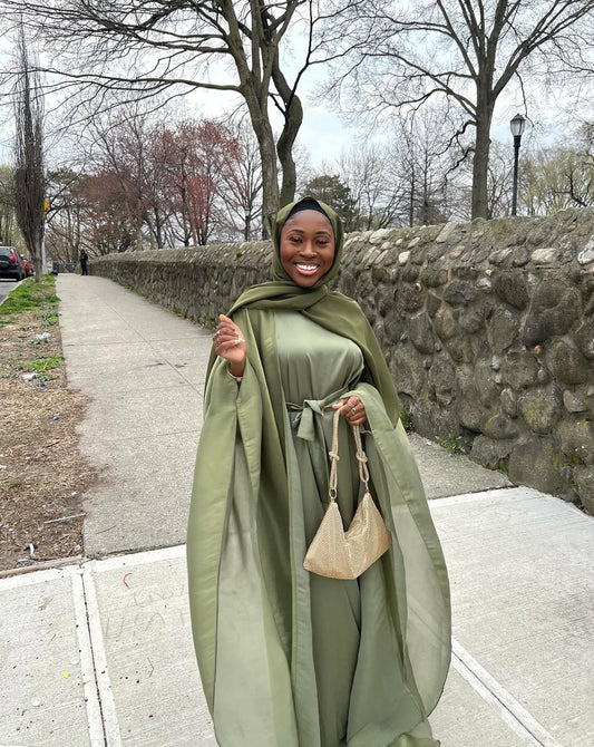 olive green Four Piece Satin Abaya