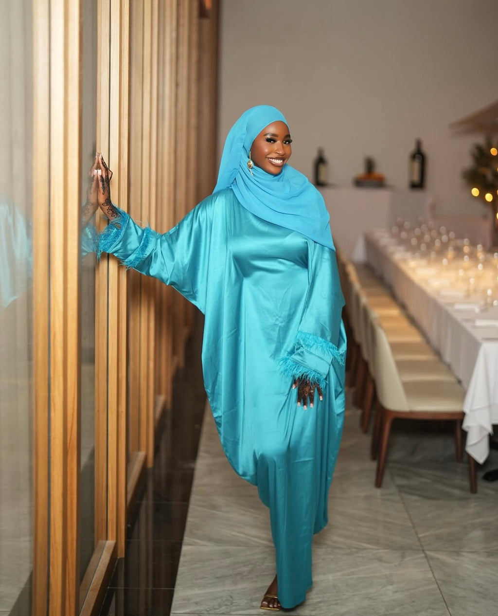 Cobalt Blue feathered abaya + hijab set