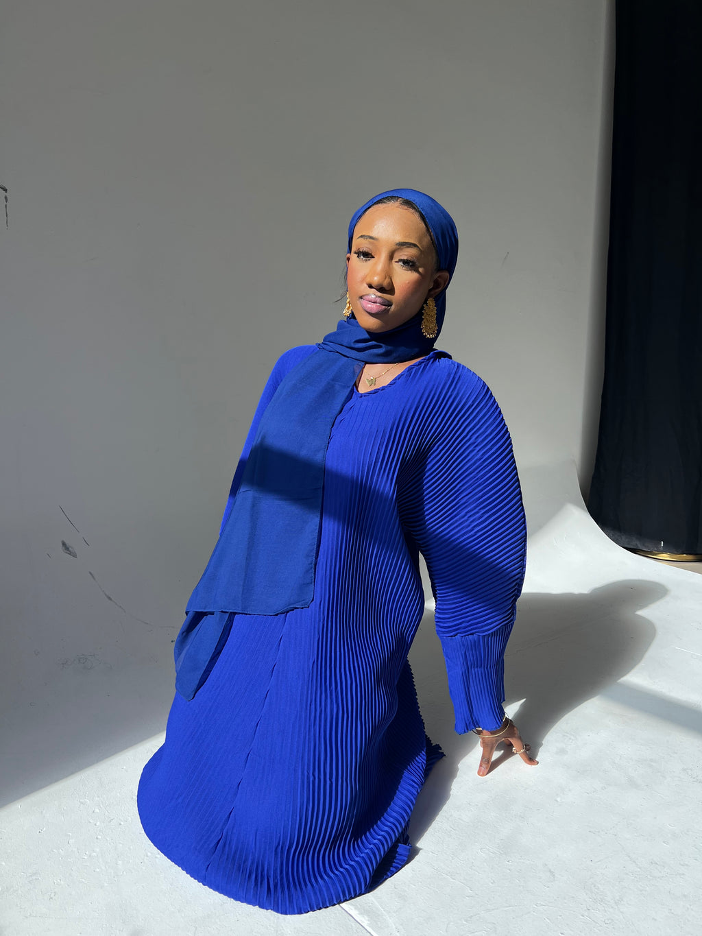 Royal Blue Pleated Abaya Hijab Set