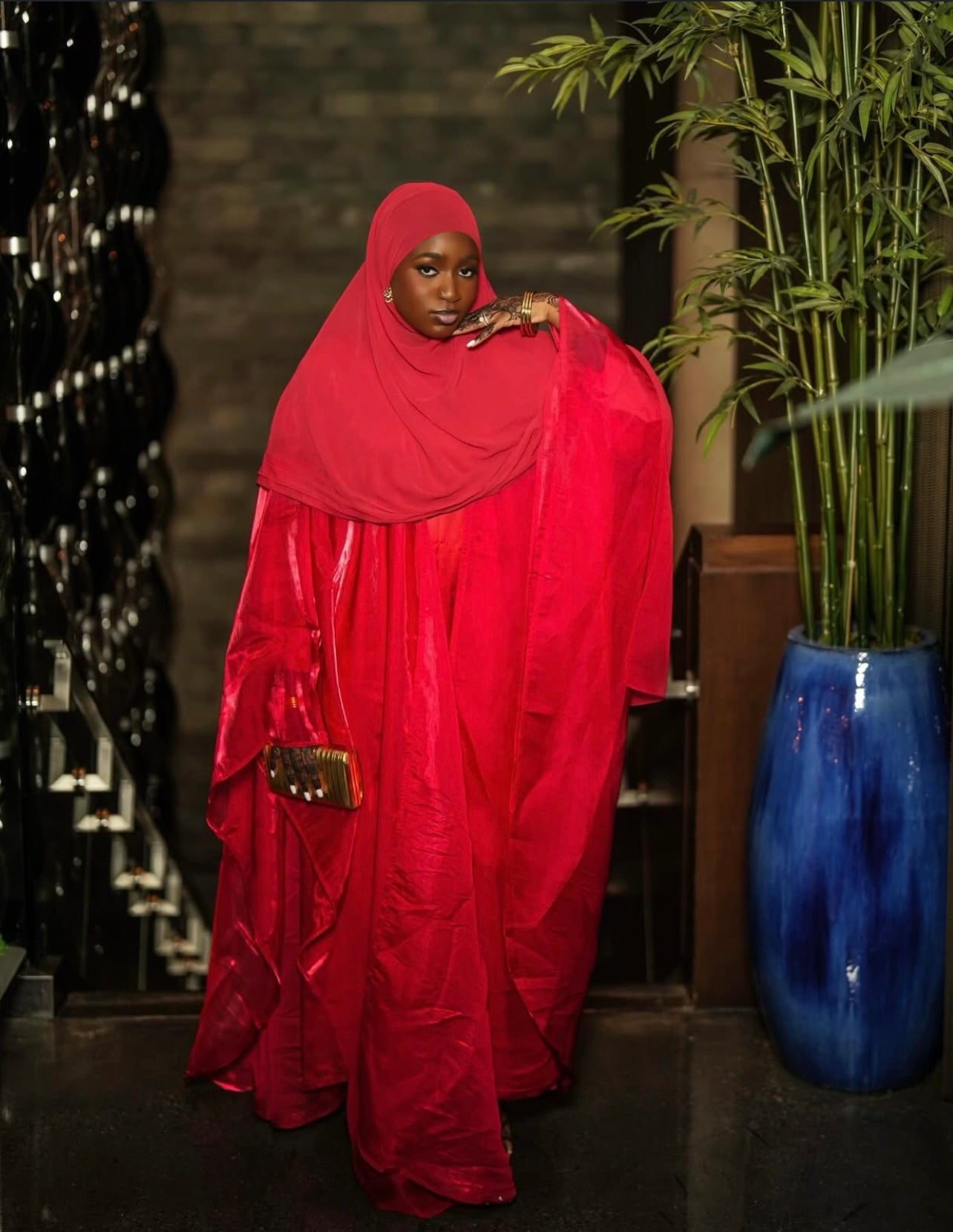 Deep Red Four Piece Satin Abaya With Scarf