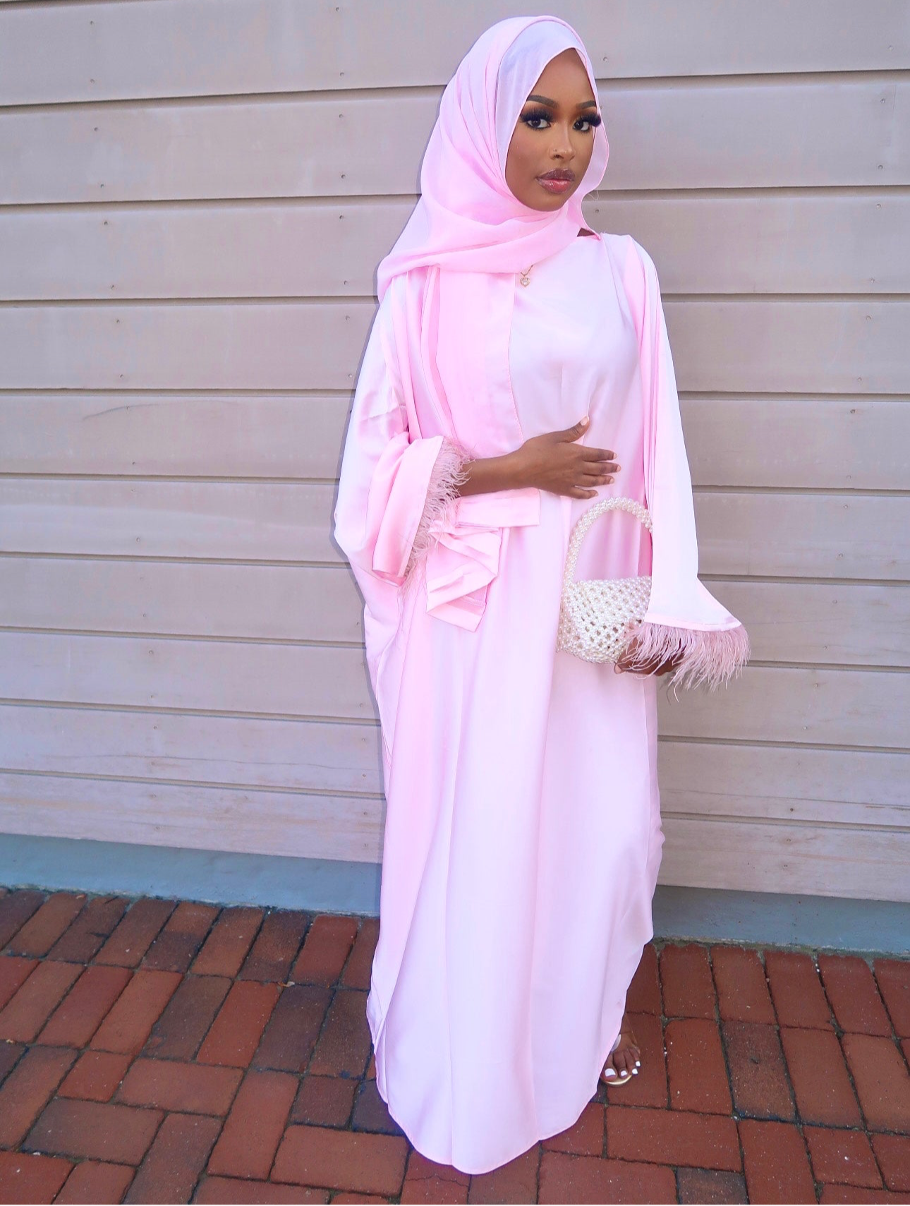 NEW Rose Pink feathered abaya + hijab set