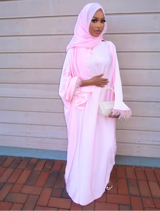 pink feathered abaya set