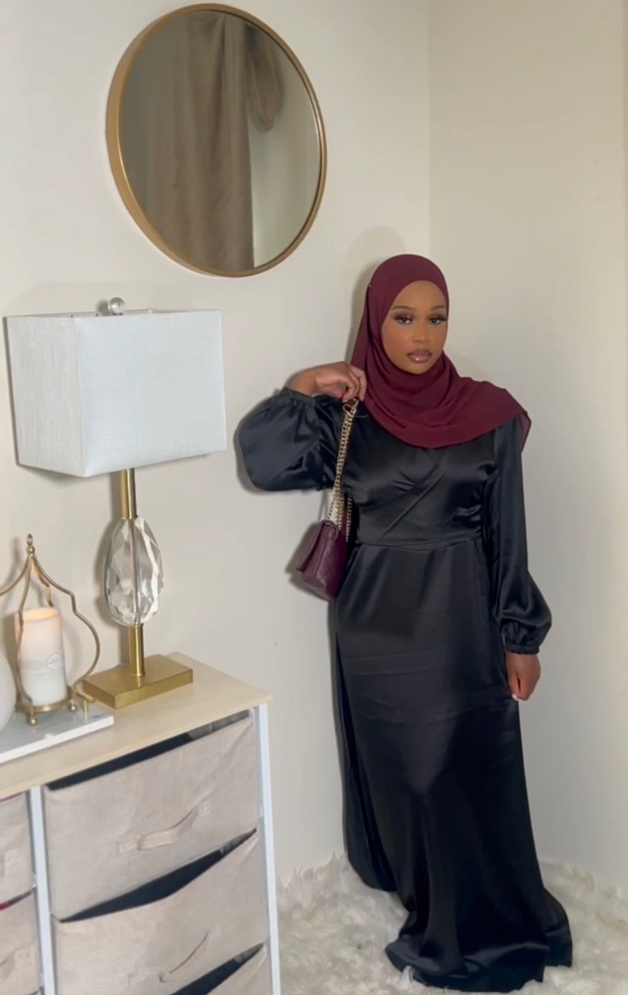 Black satin wrap waist dress