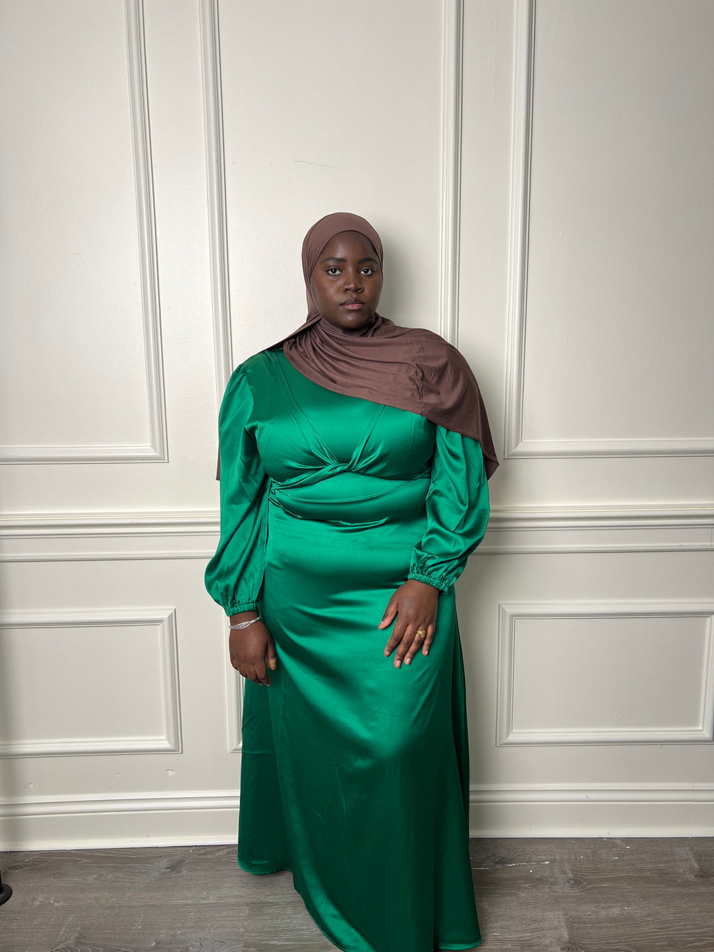 Green satin wrap waist dress