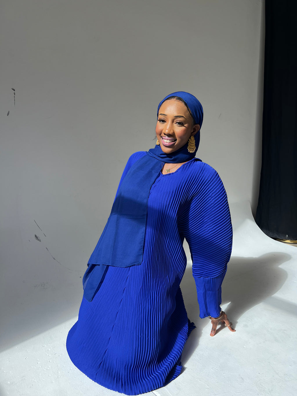 Royal Blue Pleated Abaya Hijab Set