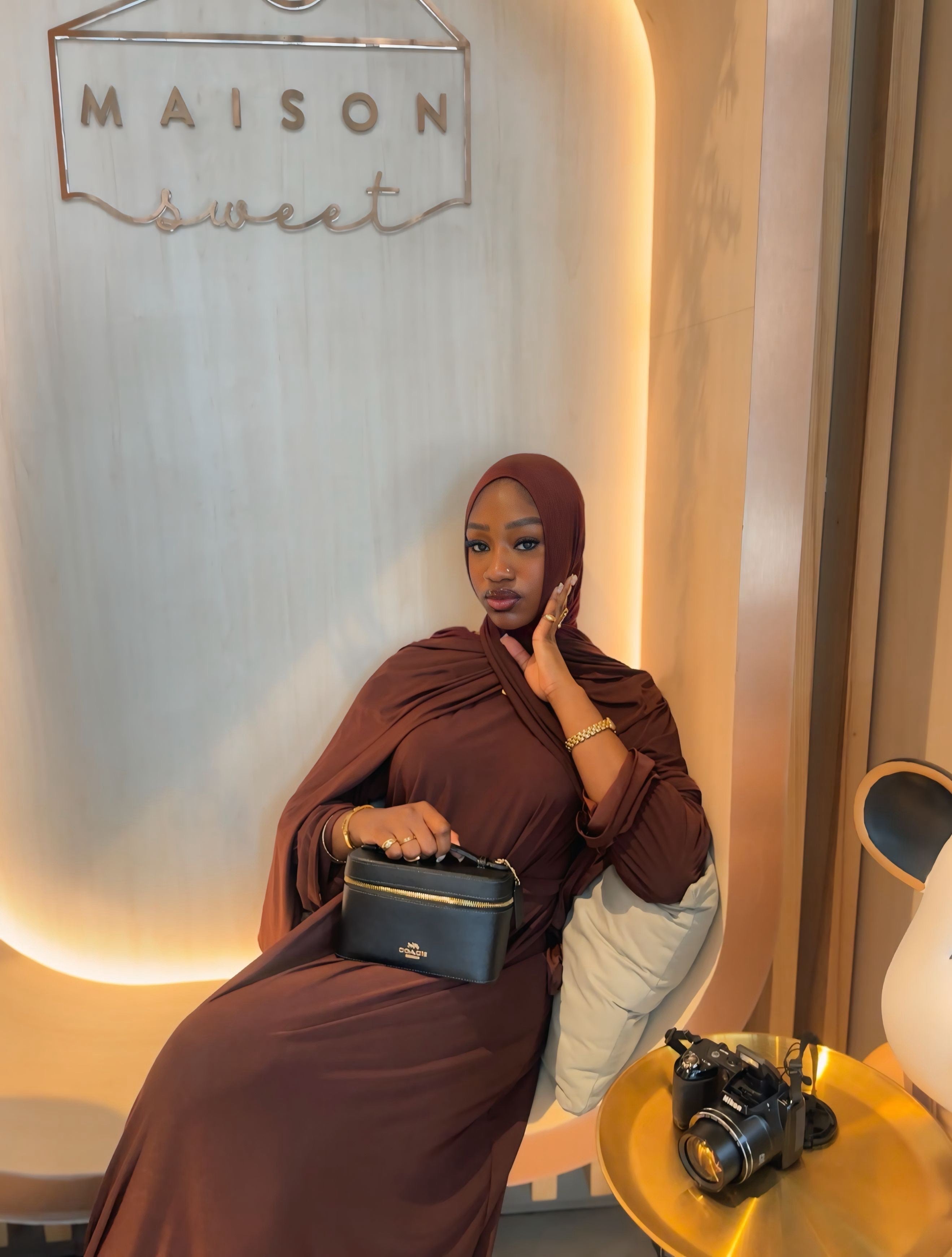 modest fashion brown jersey stretchy abaya with hijab set