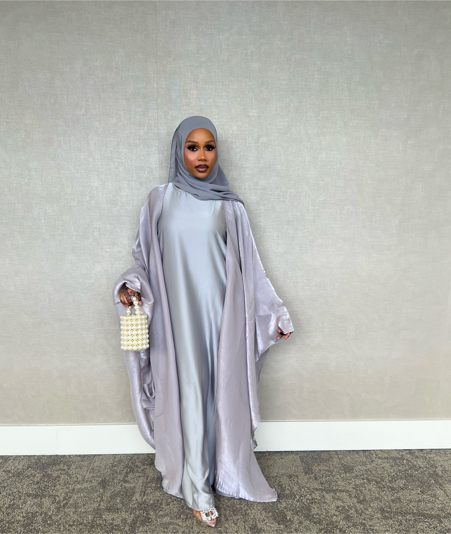 Silver Four Piece Satin Abaya