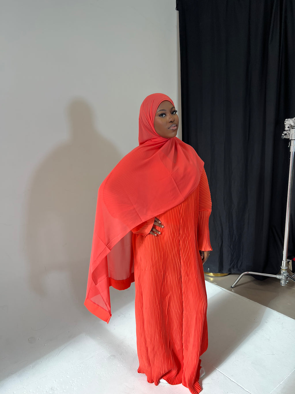 Coral Pleated Abaya Hijab Set