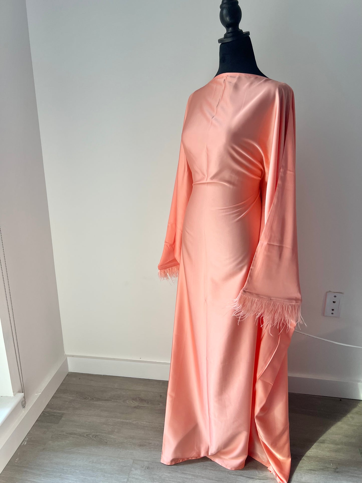 peach feathered abaya set