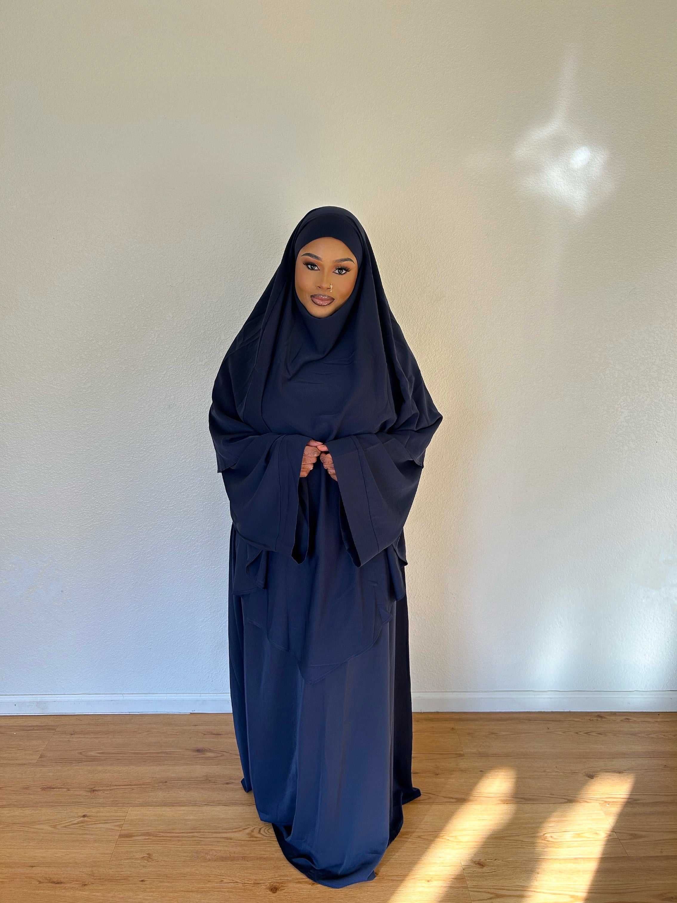 Navy blue Diamond Khimar With Niqab Strings