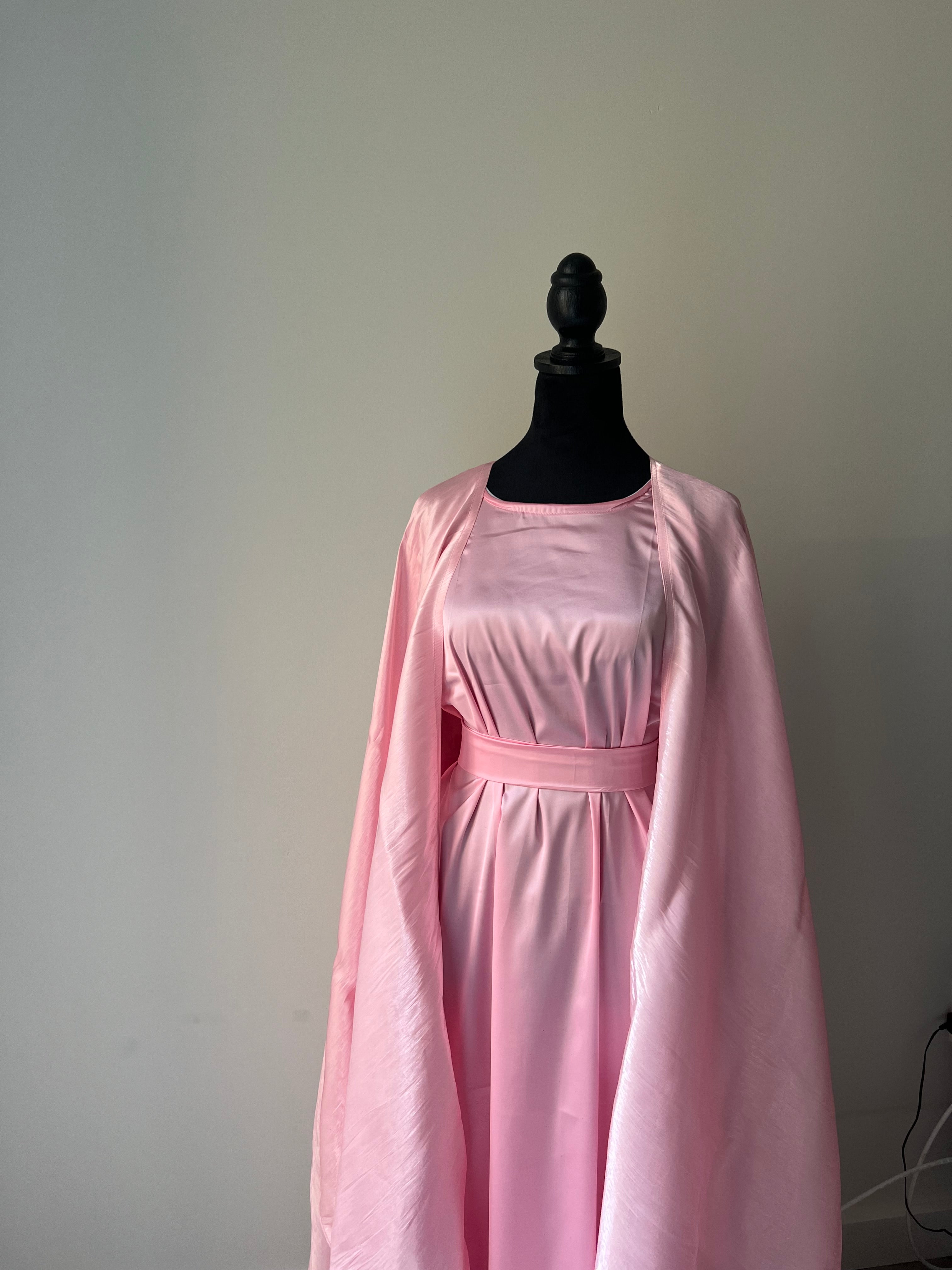 Blush Pink Four Piece Satin Abaya
