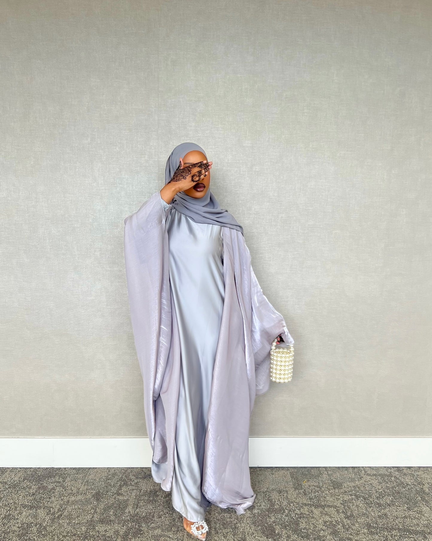 Silver Four Piece Satin Abaya