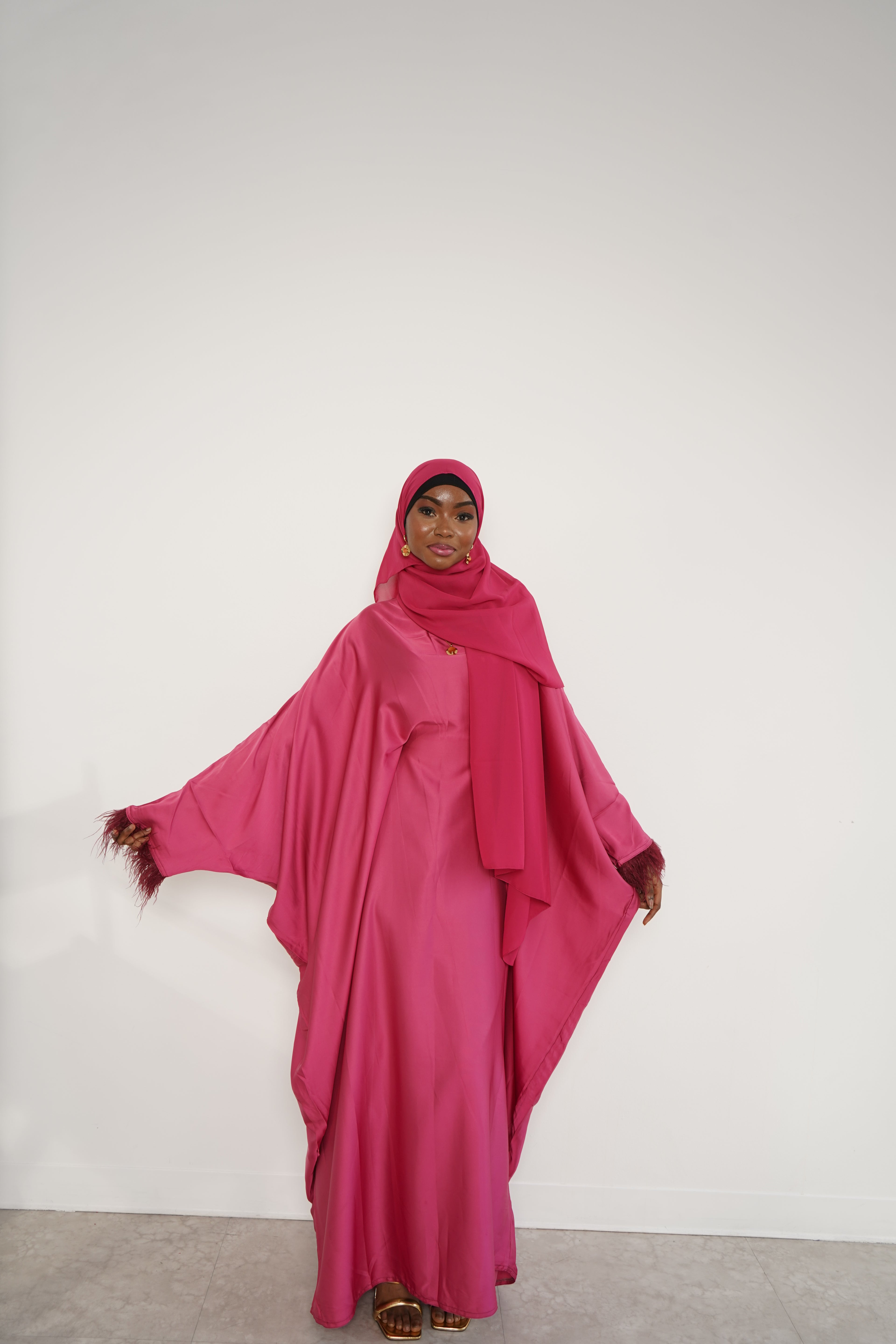 Sleek pink feathered abaya + hijab set