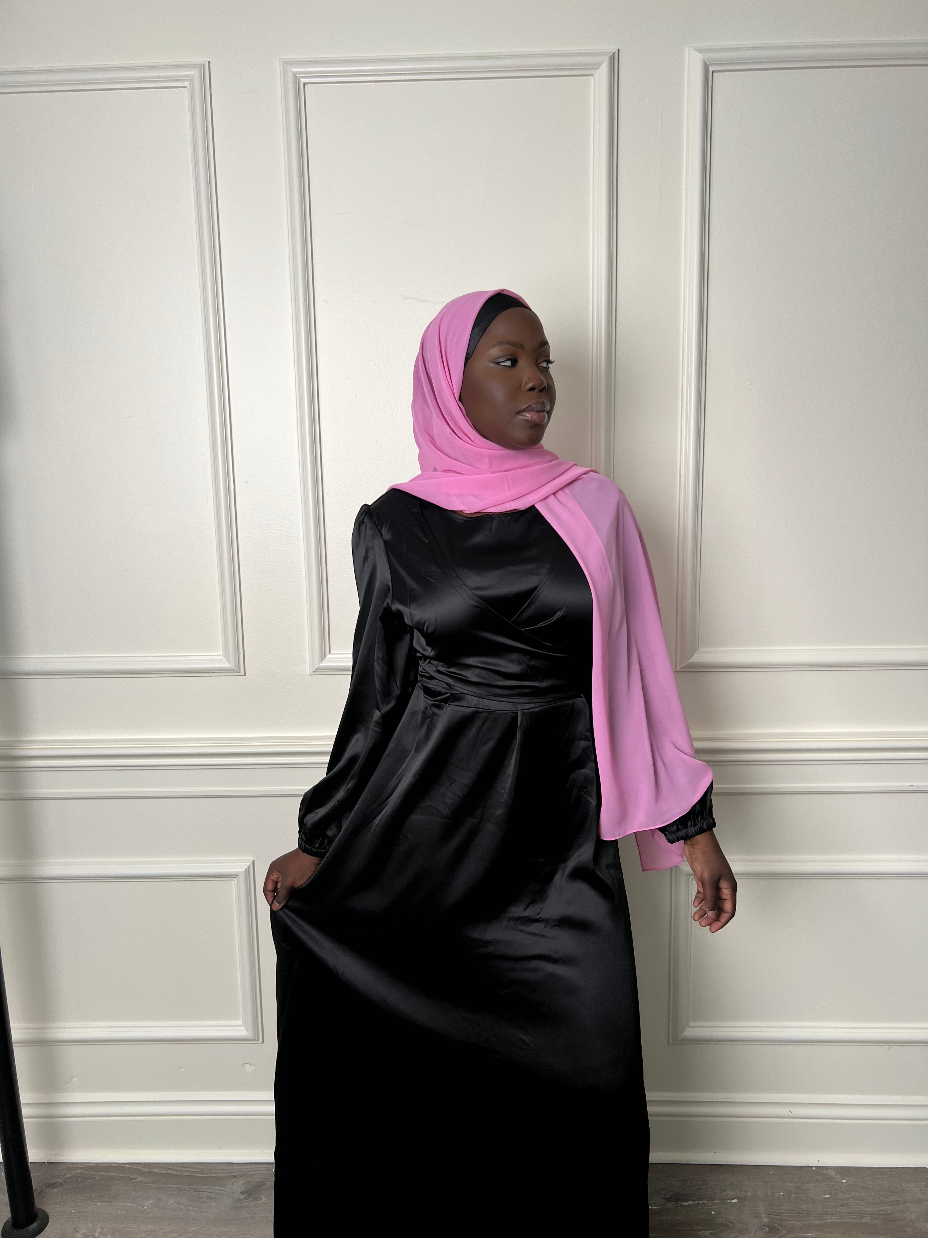 Black satin wrap waist dress
