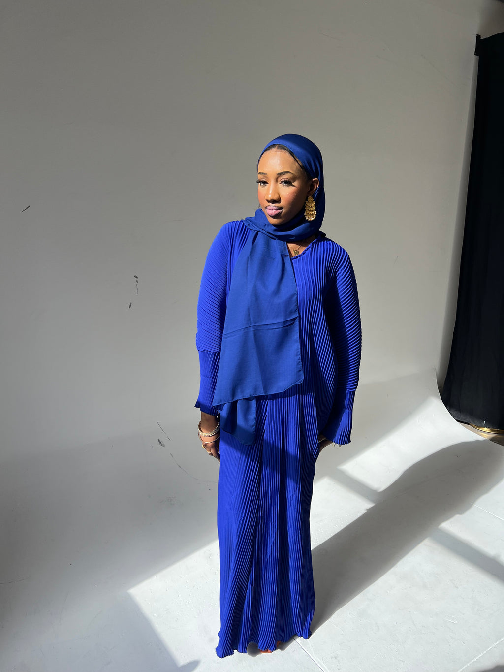 Royal Blue Pleated Abaya Hijab Set