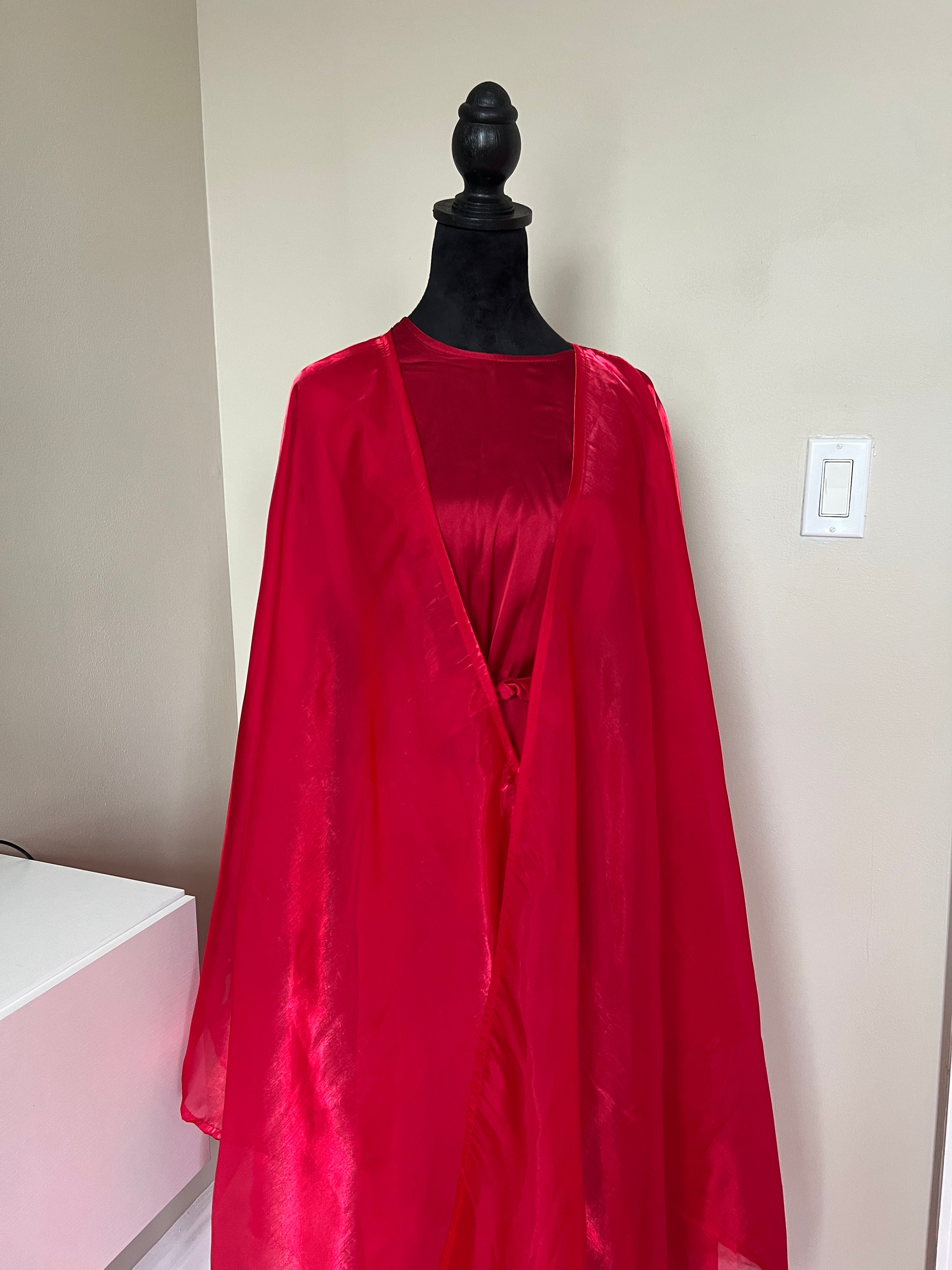 Deep Red Four Piece Satin Abaya With Scarf