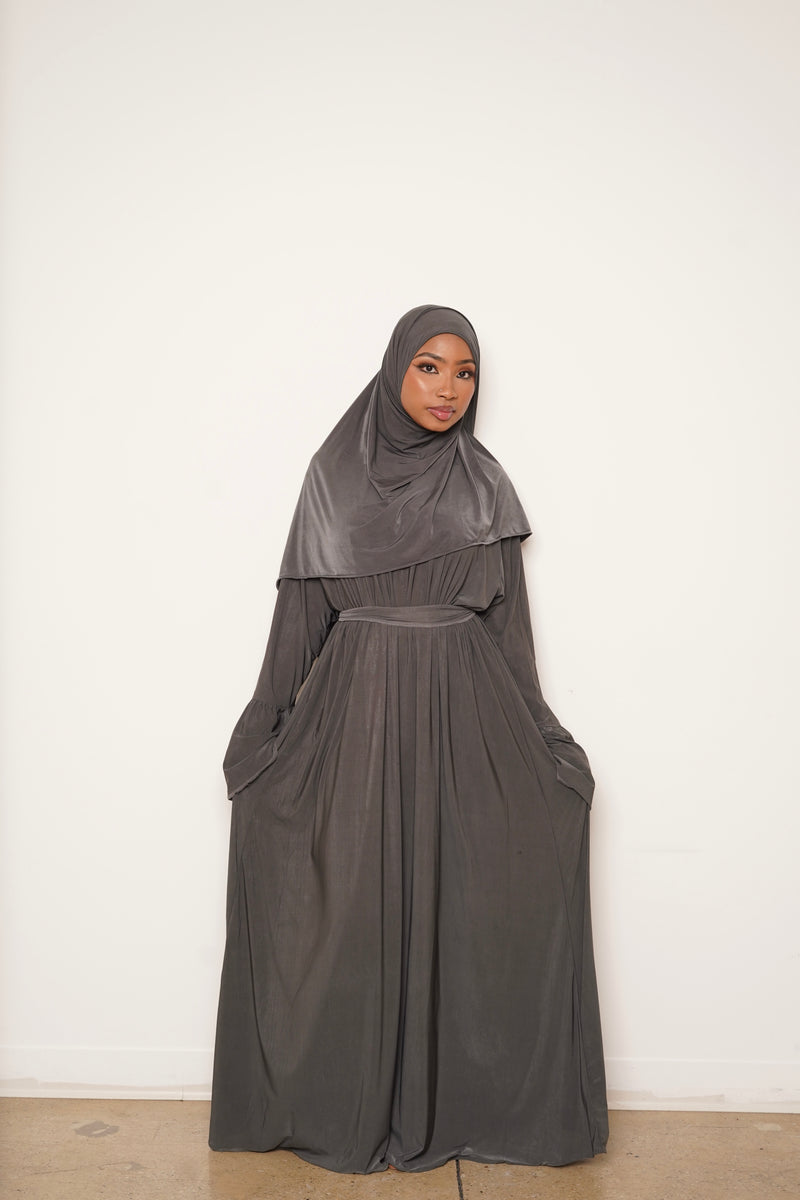 Grey Dusk Trim Abaya Hijab Set