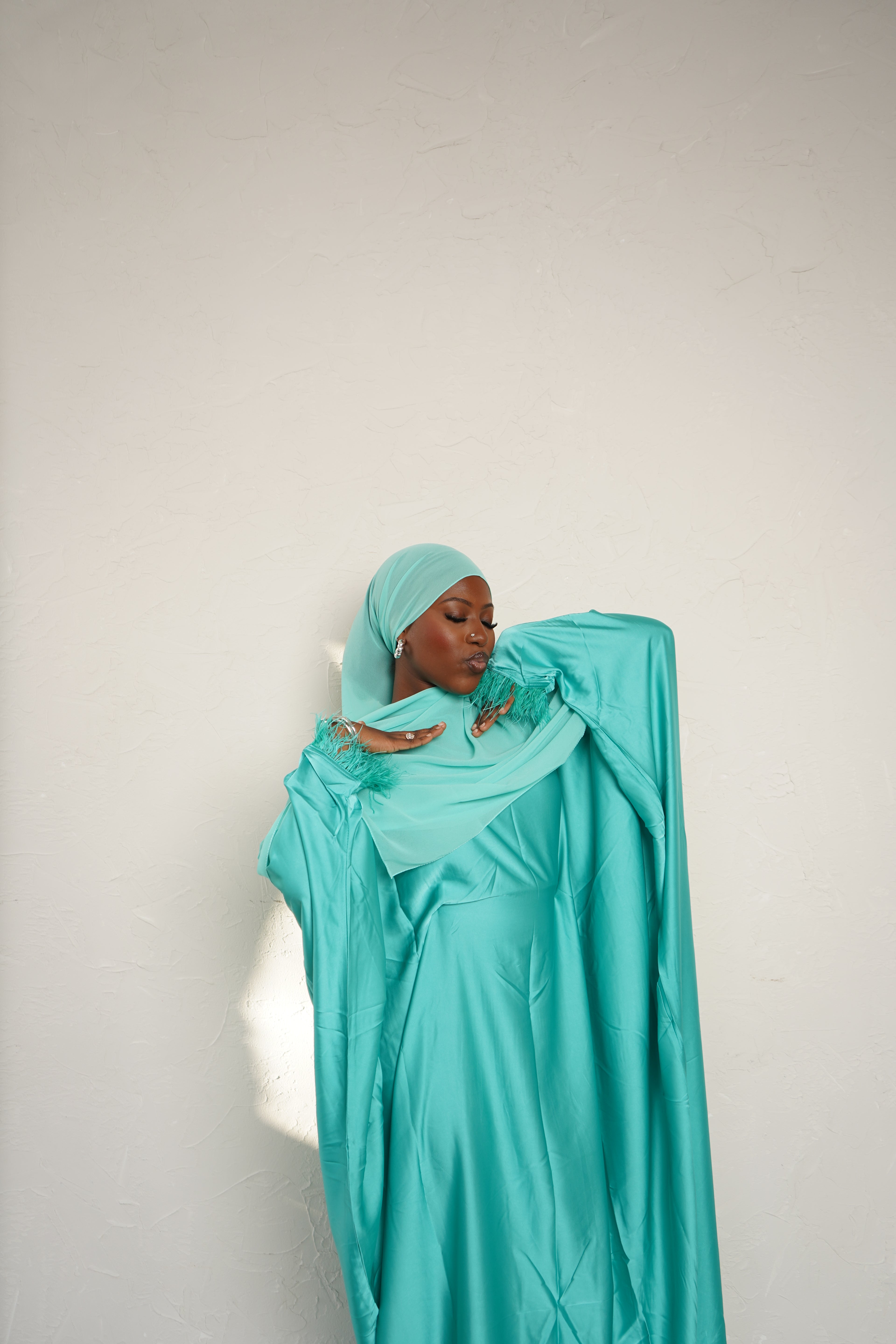 Turquoise feathered abaya+ hijab set