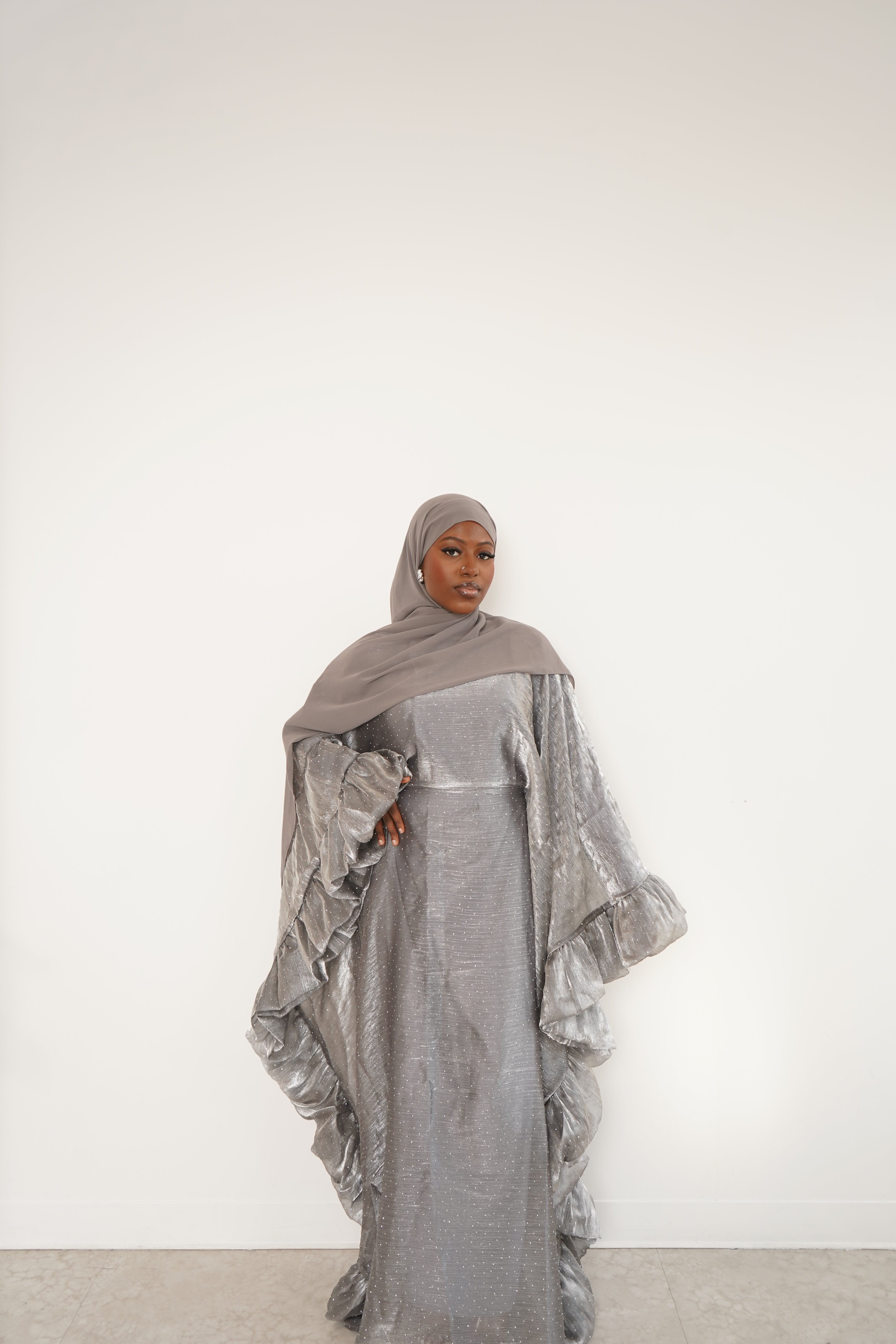 Silver Three Piece Butterfly Pixie Abaya With Scarf