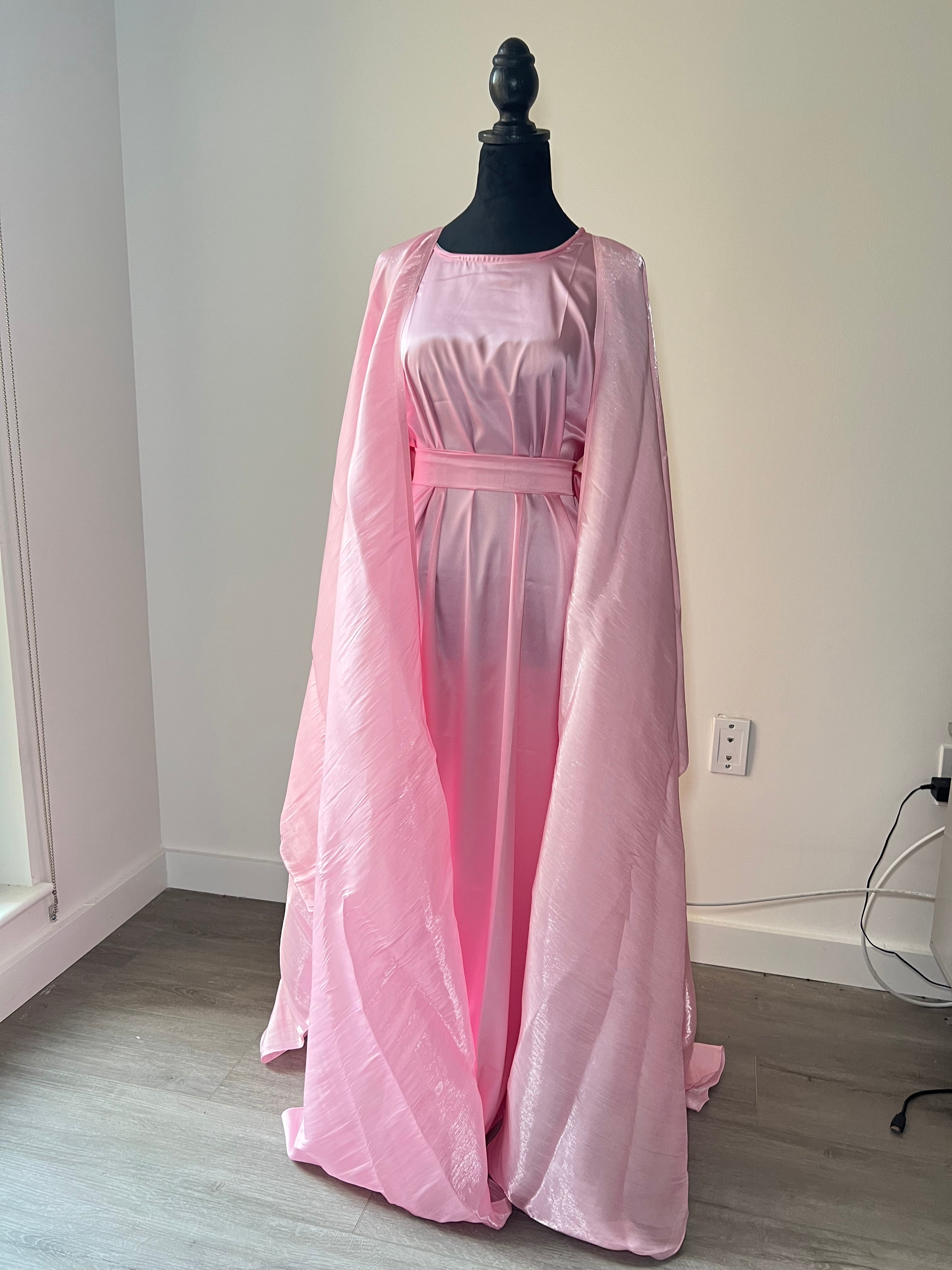 Blush Pink Four Piece Satin Abaya