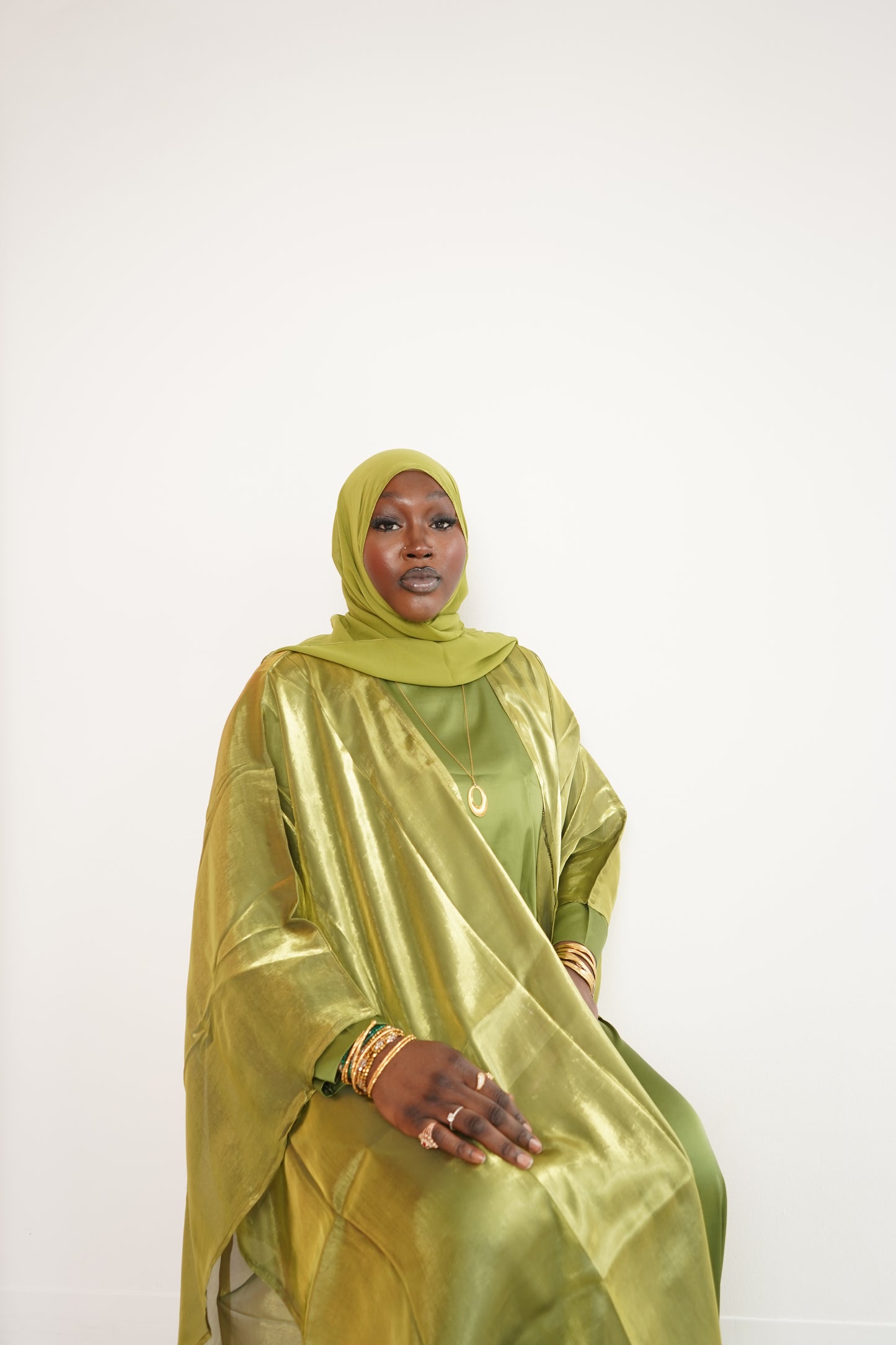 Hunter Green Four Piece Satin Abaya With Scarf