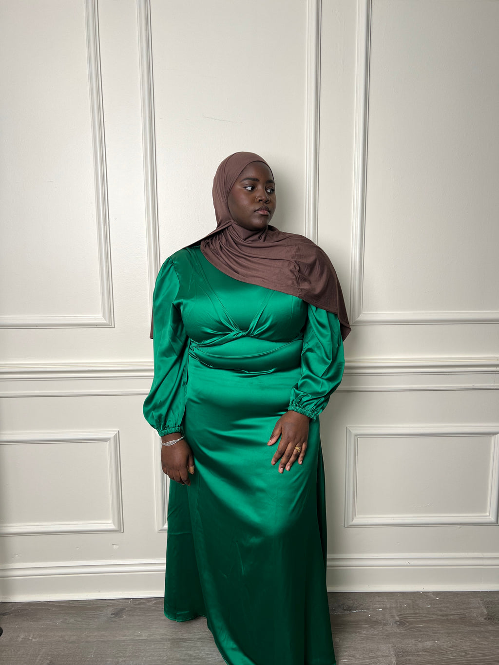 Green satin wrap waist dress
