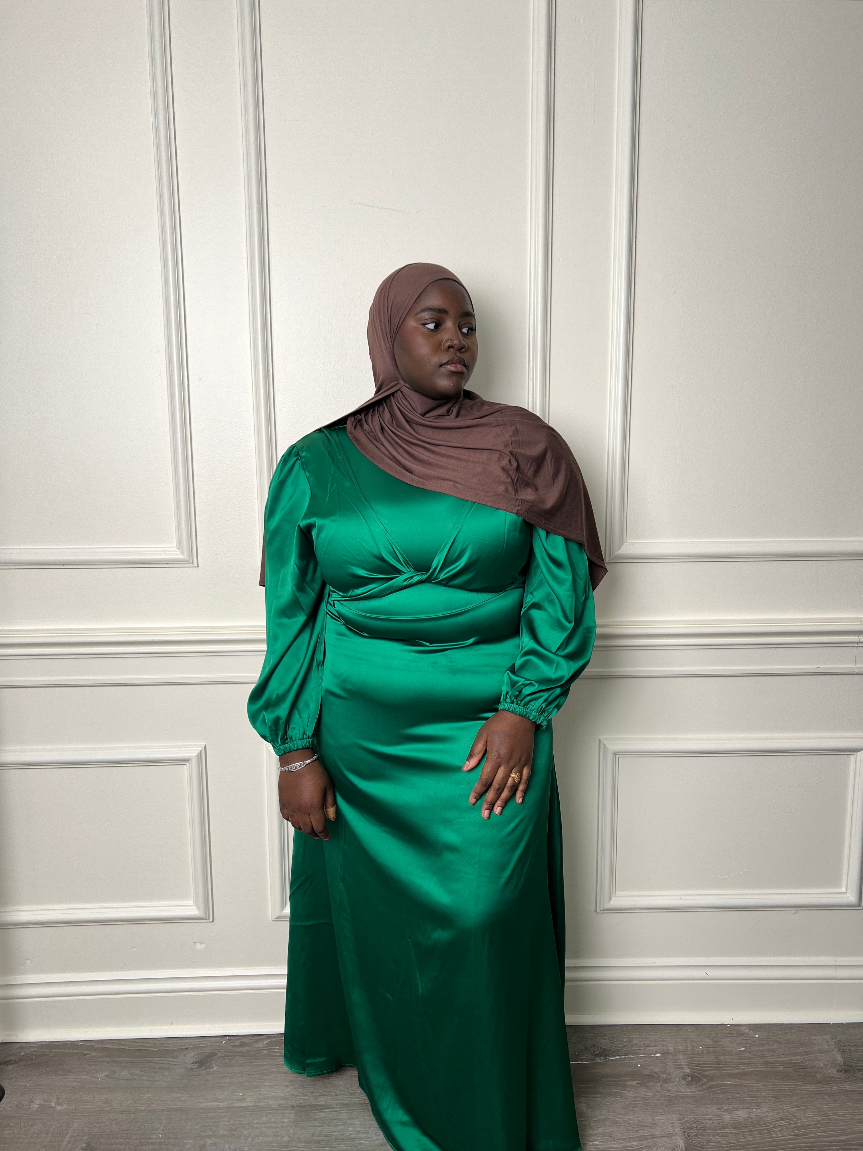 Green satin wrap waist dress