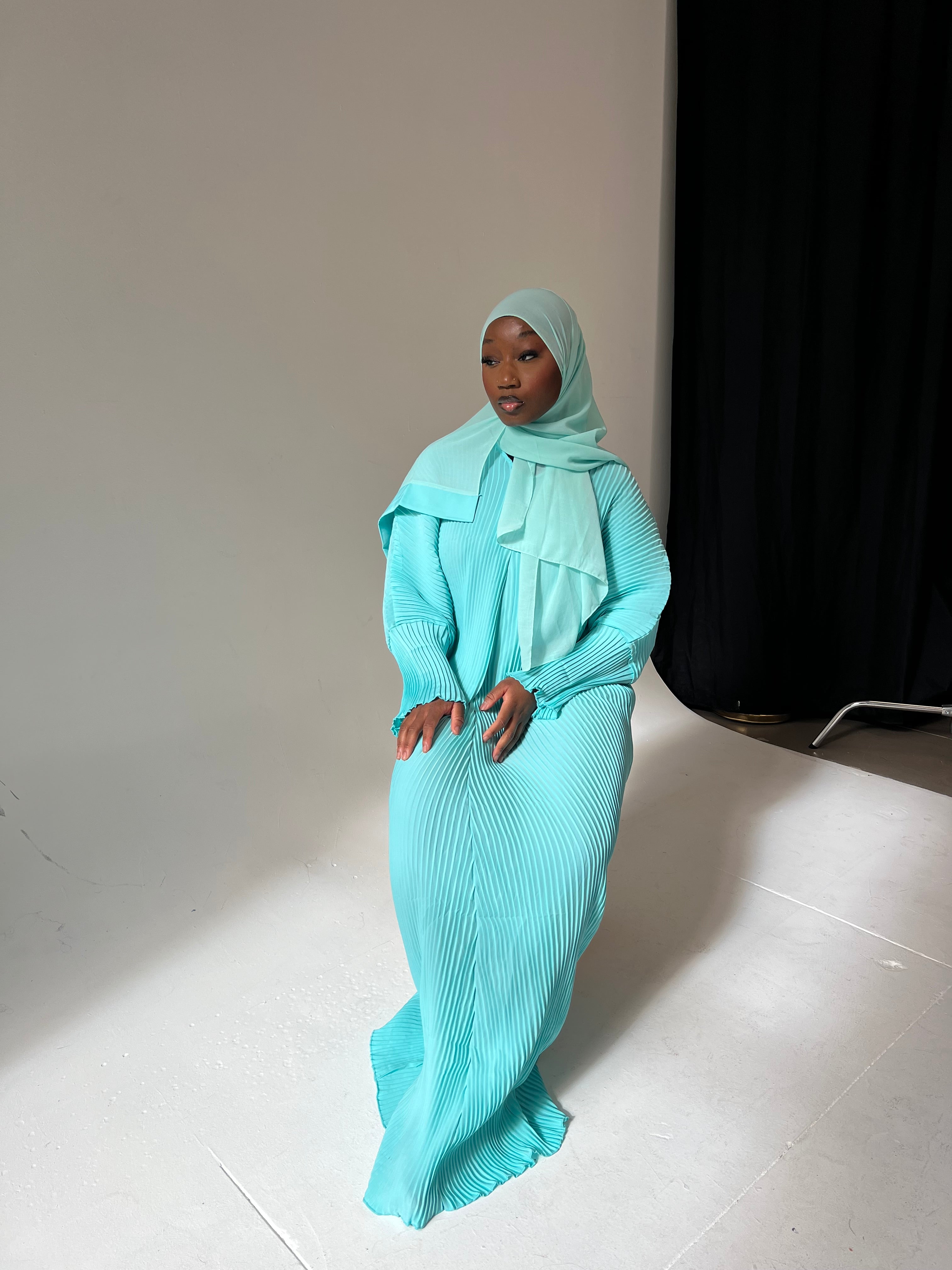 Mint Pleated Abaya Hijab Set